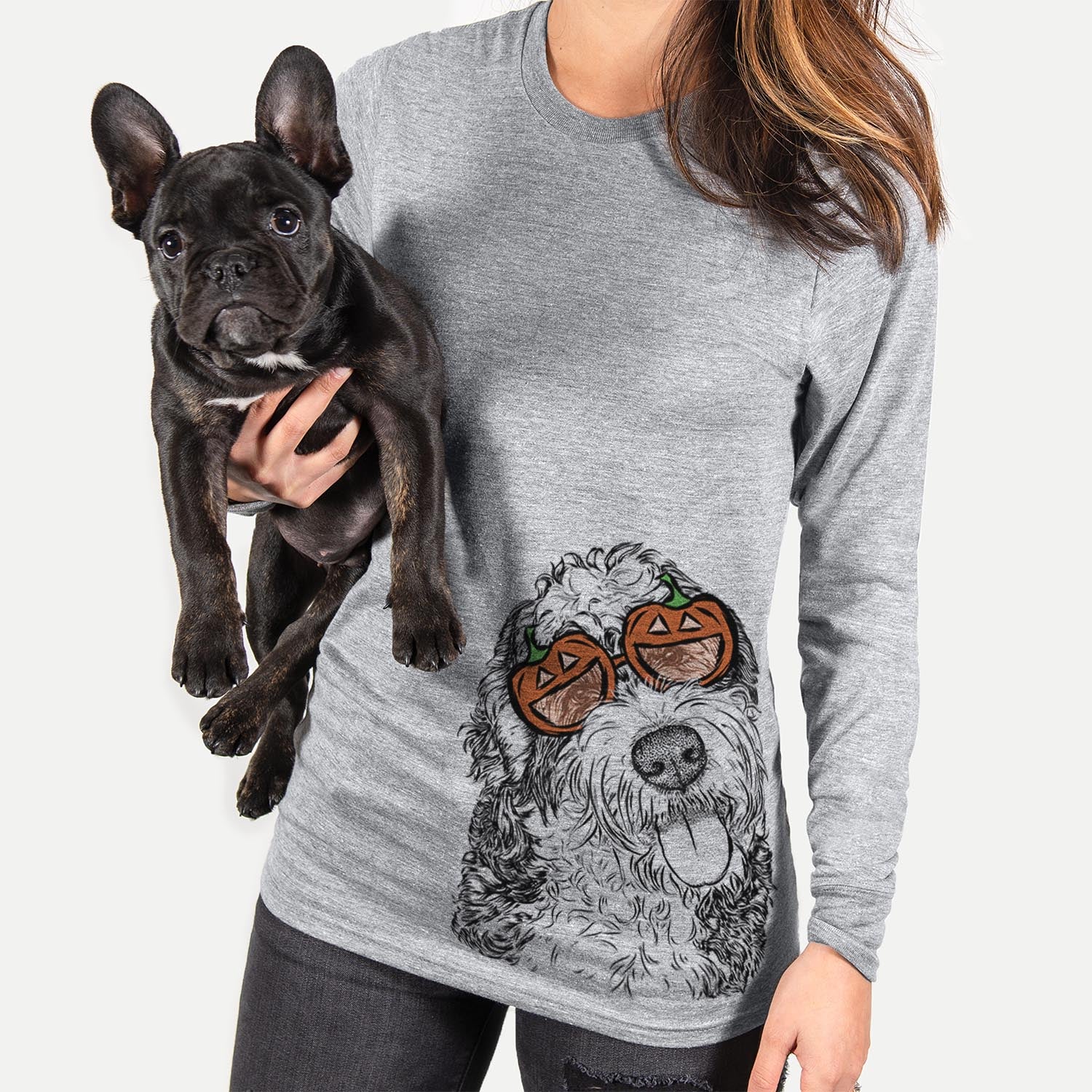 Hand-drawn sketch of Kaci the Bernedoodle wearing pumpkin glasses on a Grey pumpkin collection