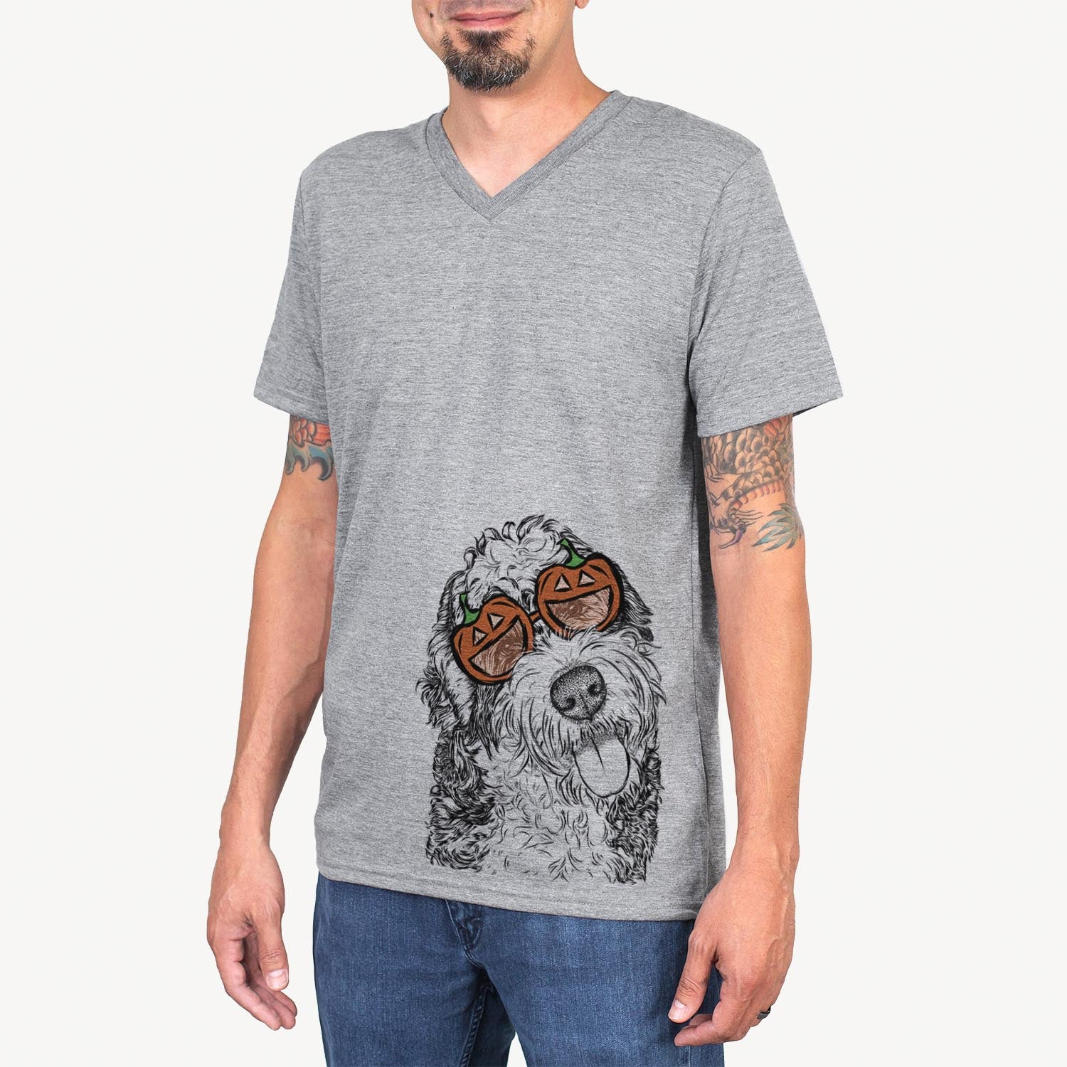 Hand-drawn sketch of Kaci the Bernedoodle wearing pumpkin glasses on a Grey pumpkin collection