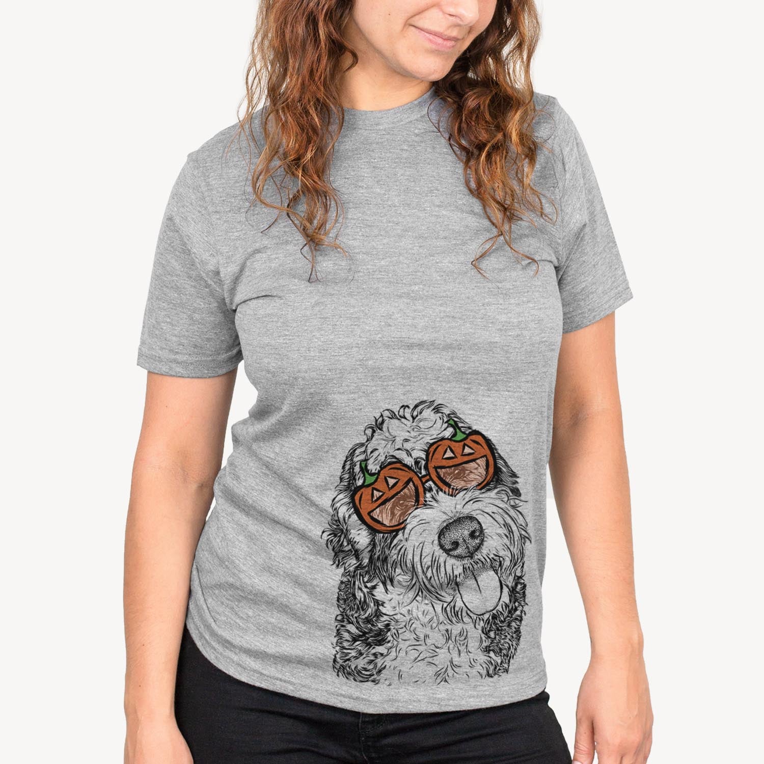 Hand-drawn sketch of Kaci the Bernedoodle wearing pumpkin glasses on a Grey pumpkin collection, on a hanger