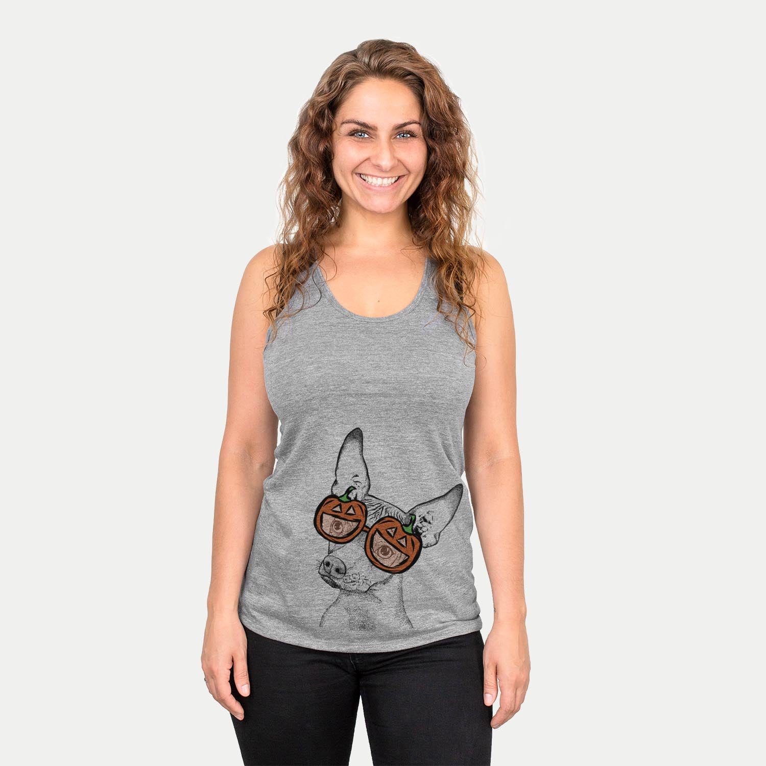 Hand-drawn sketch of Kahlo the Xoloitzcuintli wearing pumpkin glasses on a Grey pumpkin collection