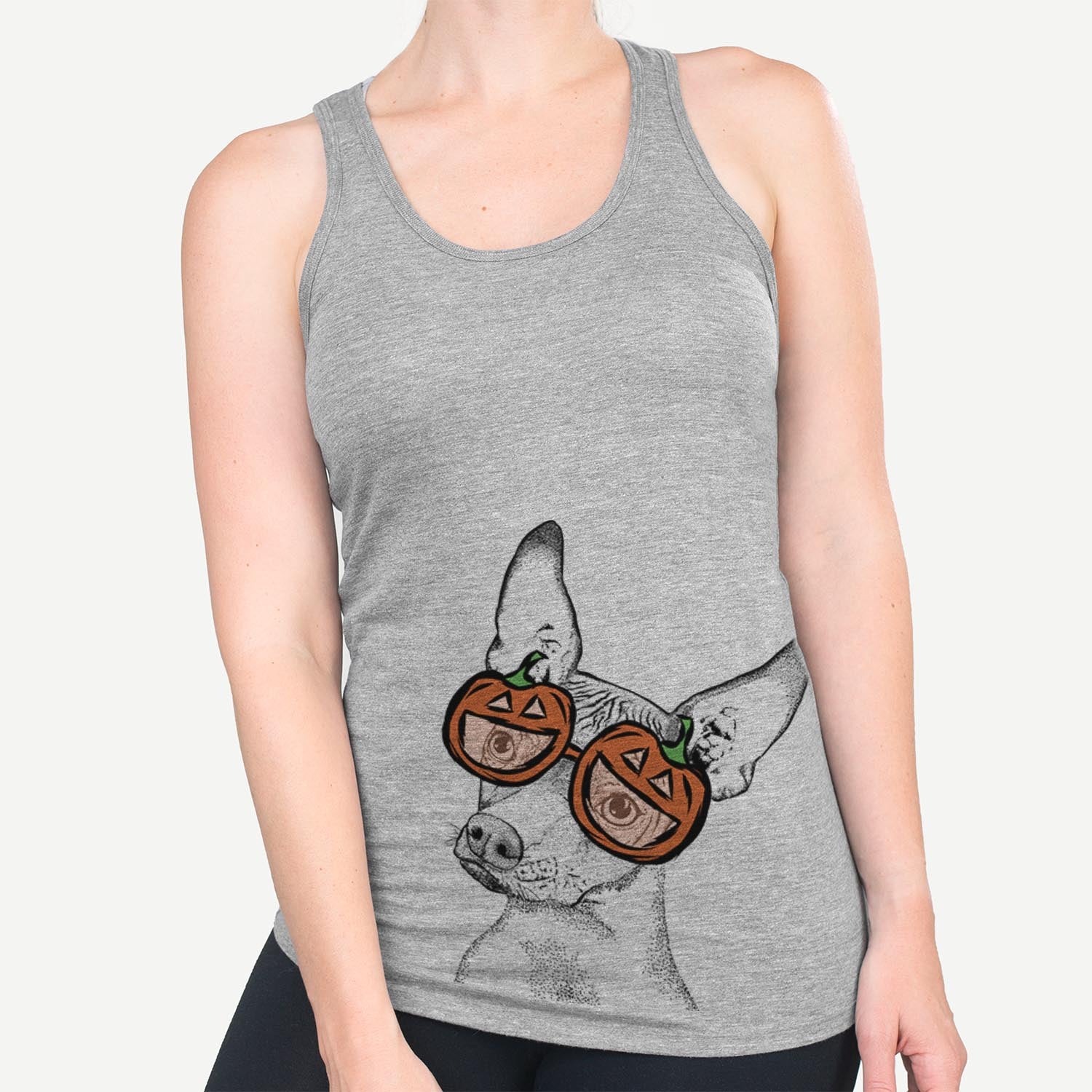 Hand-drawn sketch of Kahlo the Xoloitzcuintli wearing pumpkin glasses on a Grey pumpkin collection