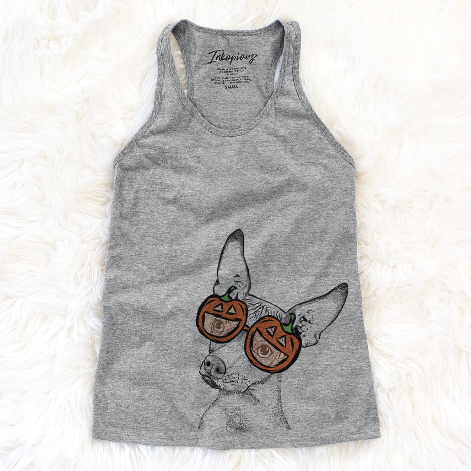 Hand-drawn sketch of Kahlo the Xoloitzcuintli wearing pumpkin glasses on a Grey pumpkin collection