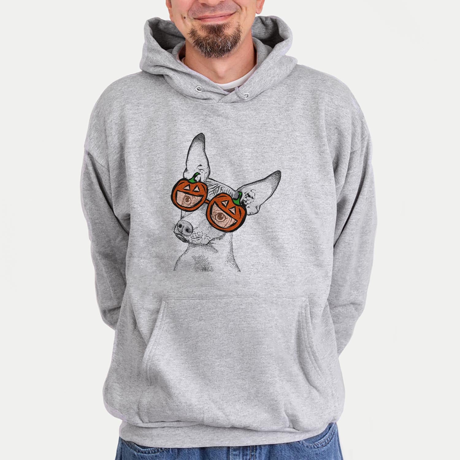 Hand-drawn sketch of Kahlo the Xoloitzcuintli wearing pumpkin glasses on a Grey pumpkin collection, hanging on a wall