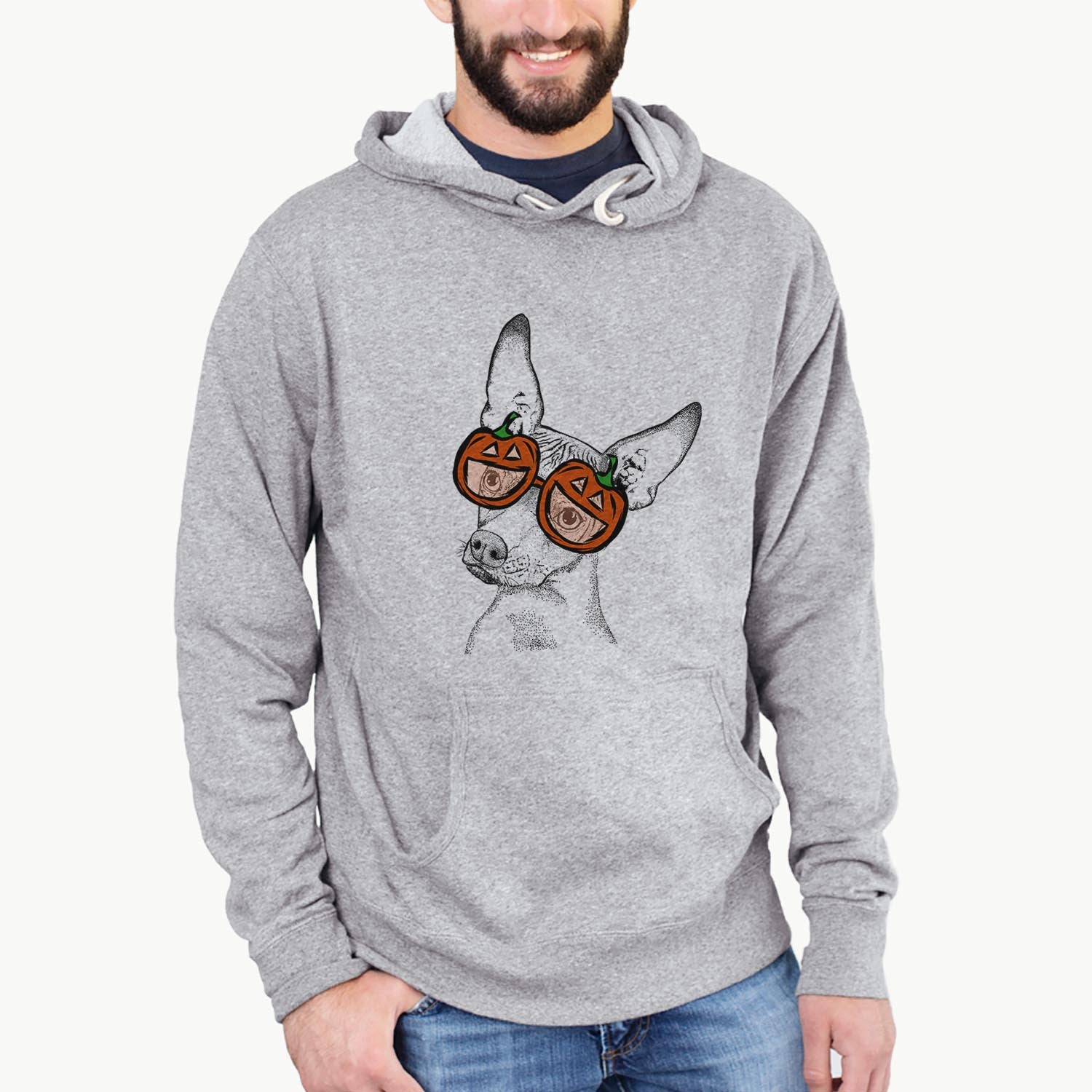Hand-drawn sketch of Kahlo the Xoloitzcuintli wearing pumpkin glasses on a Grey pumpkin collection