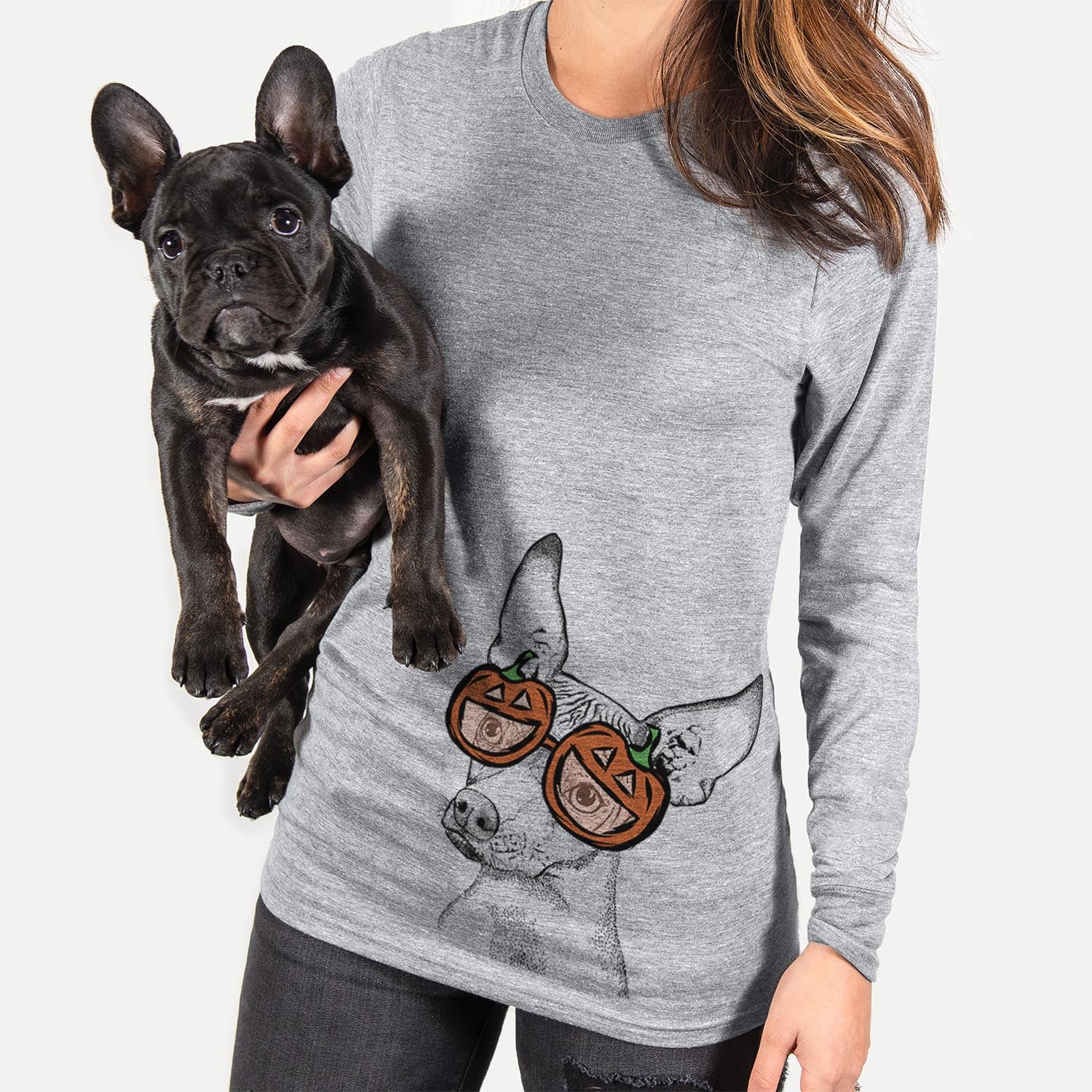 Hand-drawn sketch of Kahlo the Xoloitzcuintli wearing pumpkin glasses on a Grey pumpkin collection