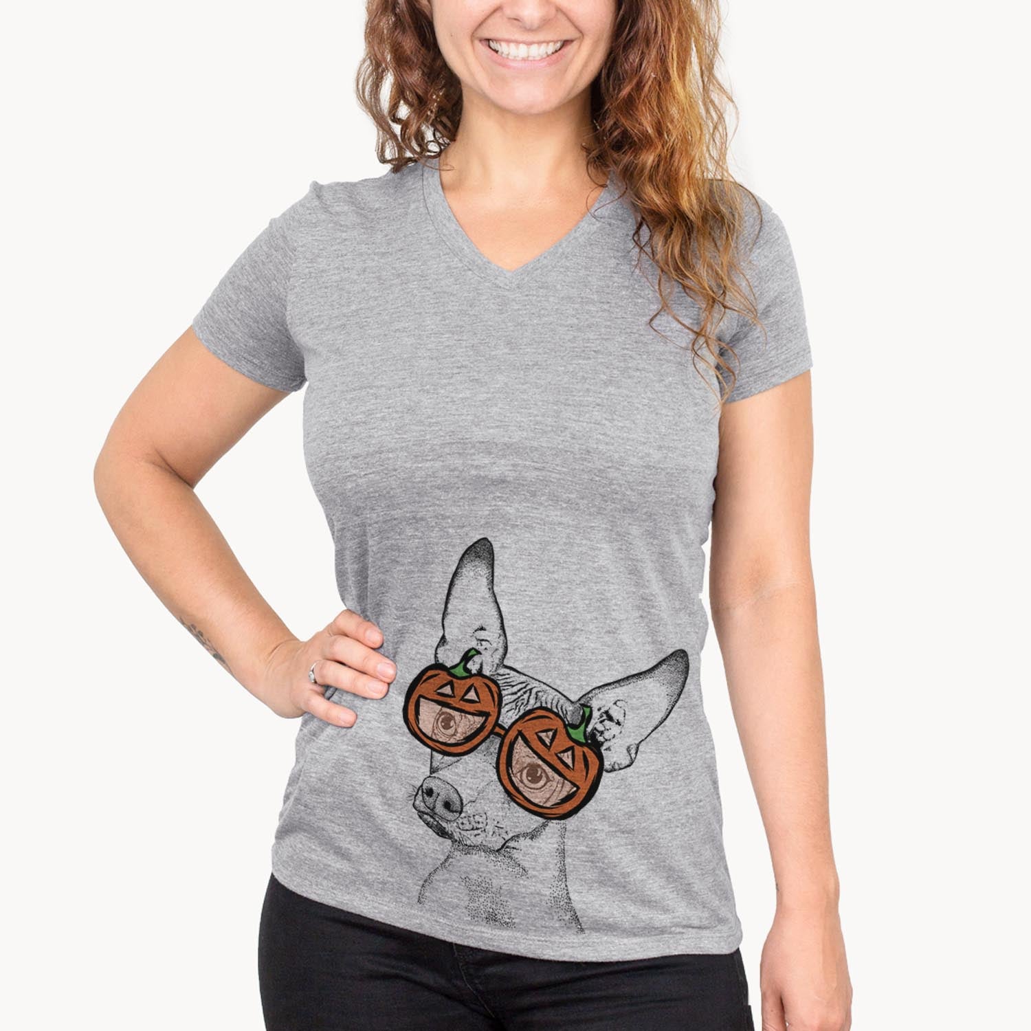 Hand-drawn sketch of Kahlo the Xoloitzcuintli wearing pumpkin glasses on a Grey pumpkin collection
