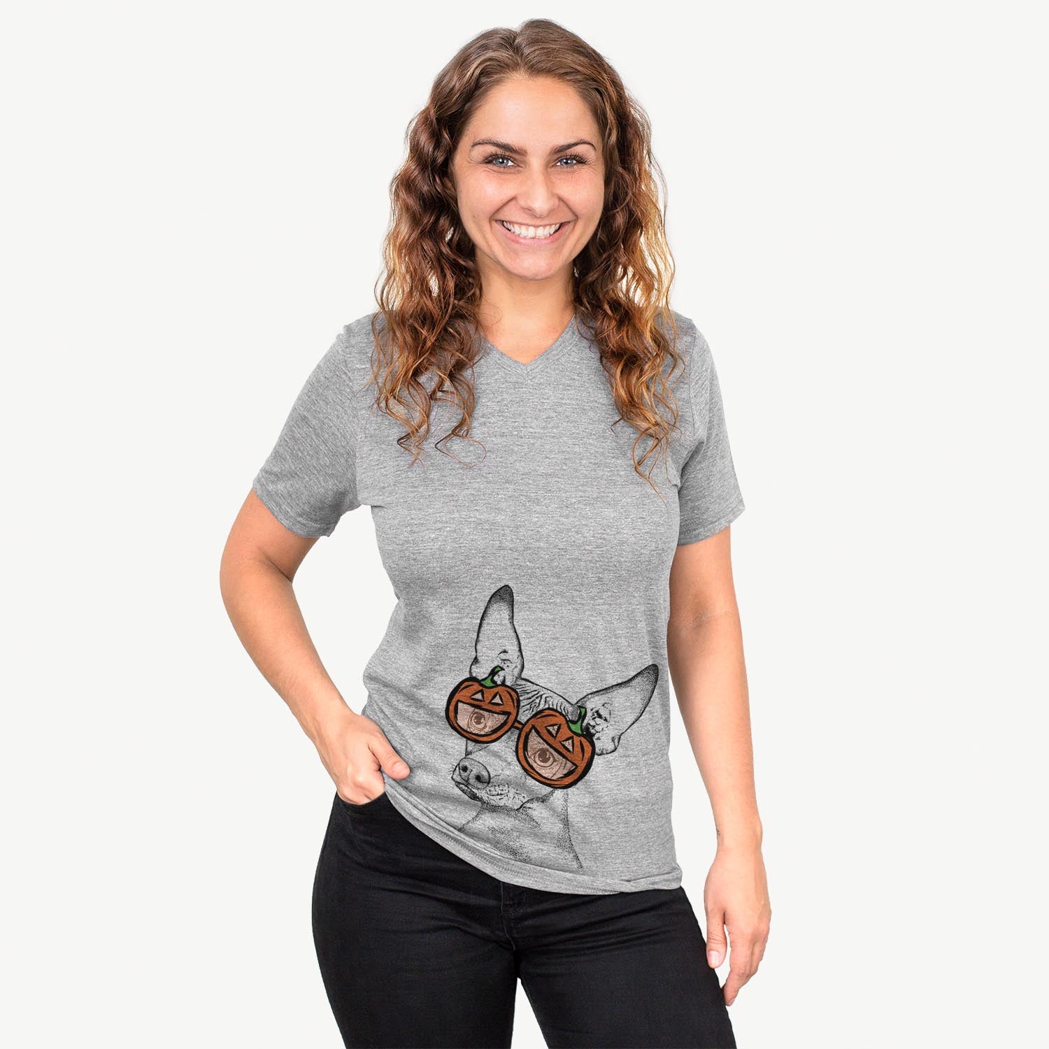 Hand-drawn sketch of Kahlo the Xoloitzcuintli wearing pumpkin glasses on a Grey pumpkin collection