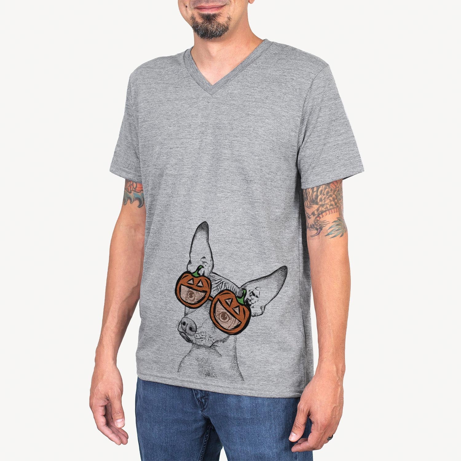 Hand-drawn sketch of Kahlo the Xoloitzcuintli wearing pumpkin glasses on a Grey pumpkin collection