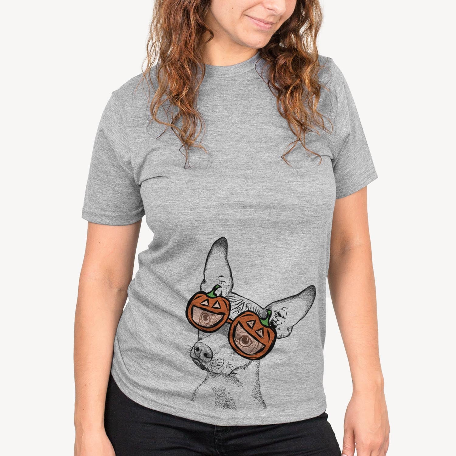 Hand-drawn sketch of Kahlo the Xoloitzcuintli wearing pumpkin glasses on a Grey pumpkin collection, on a hanger