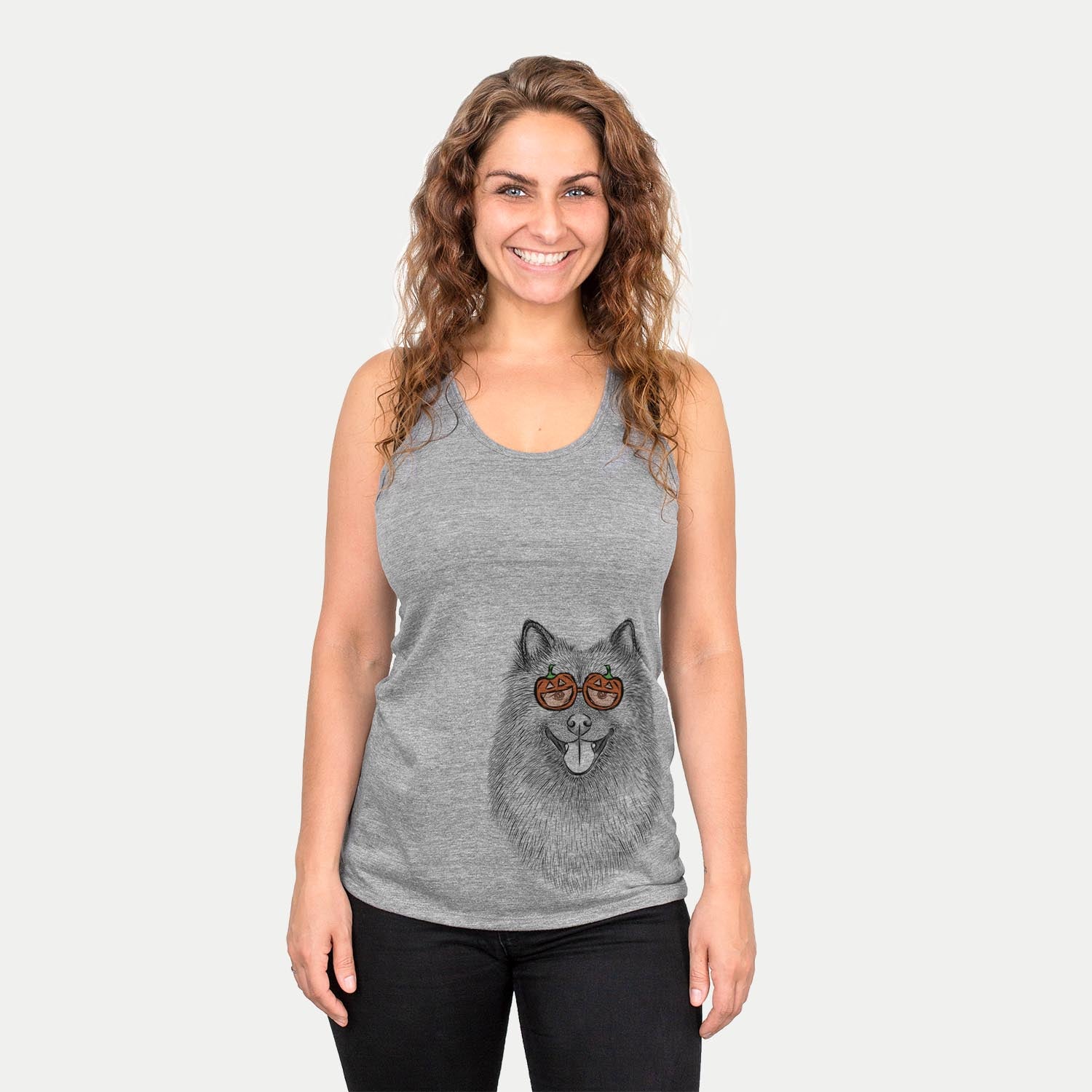 Hand-drawn sketch of Kai the Keeshond wearing pumpkin glasses on a Grey pumpkin collection