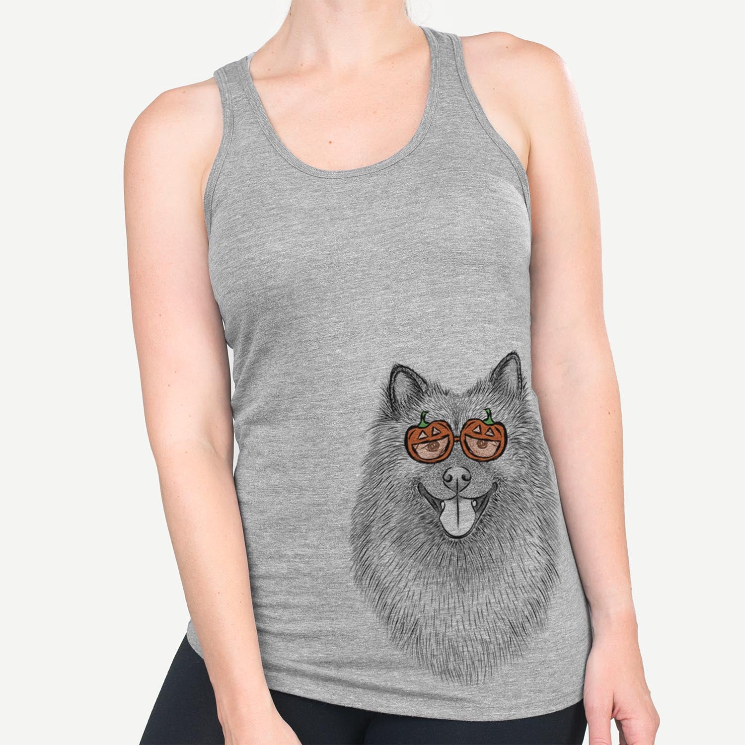 Hand-drawn sketch of Kai the Keeshond wearing pumpkin glasses on a Grey pumpkin collection