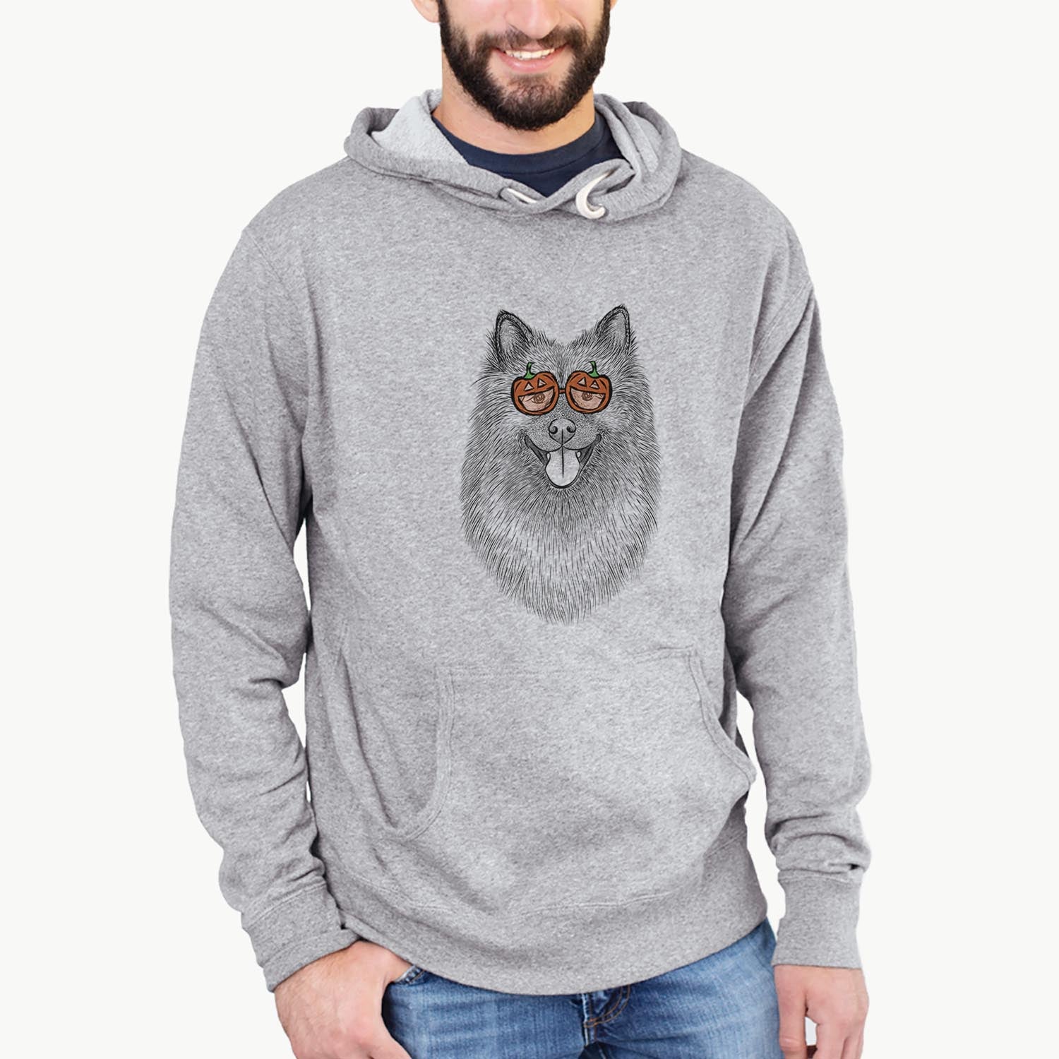 Hand-drawn sketch of Kai the Keeshond wearing pumpkin glasses on a Grey pumpkin collection