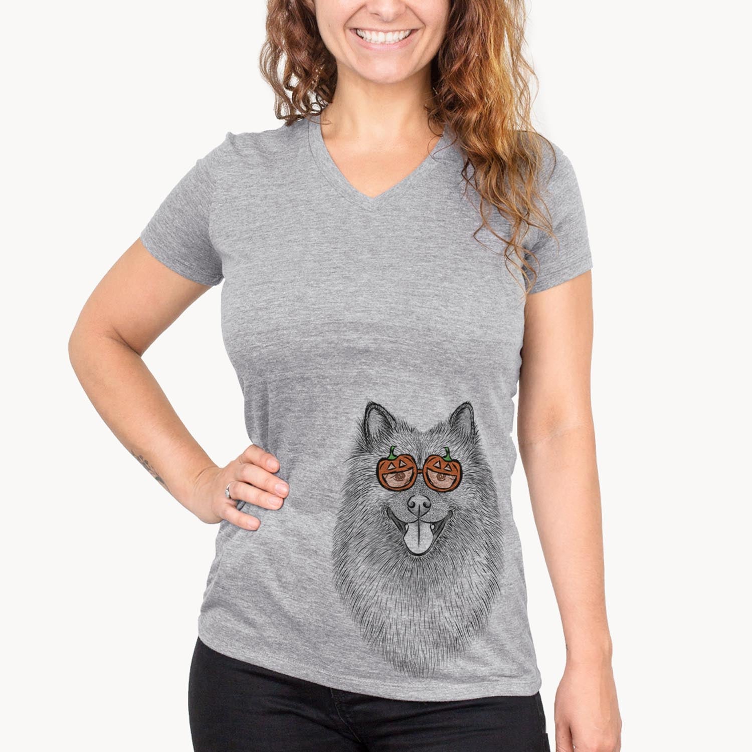 Hand-drawn sketch of Kai the Keeshond wearing pumpkin glasses on a Grey pumpkin collection