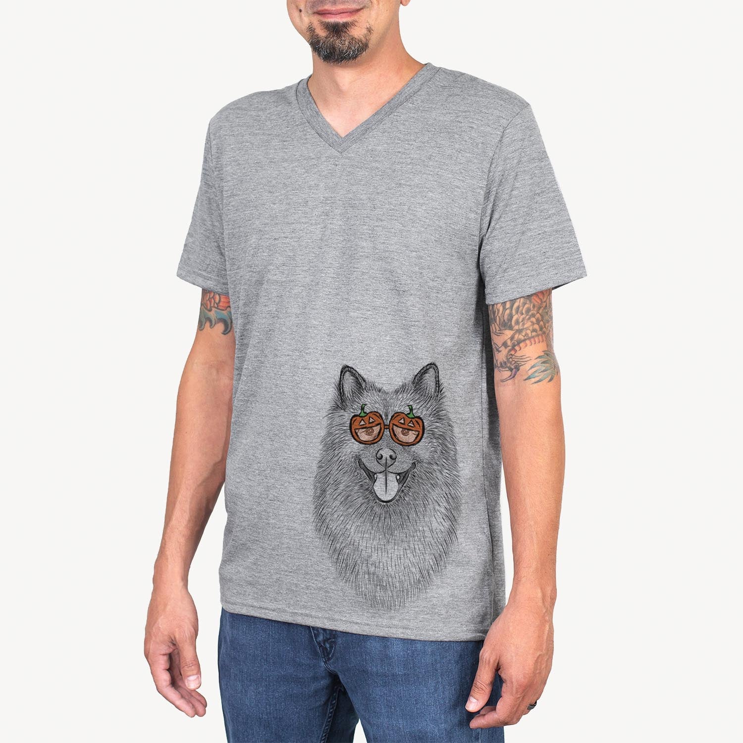 Hand-drawn sketch of Kai the Keeshond wearing pumpkin glasses on a Grey pumpkin collection