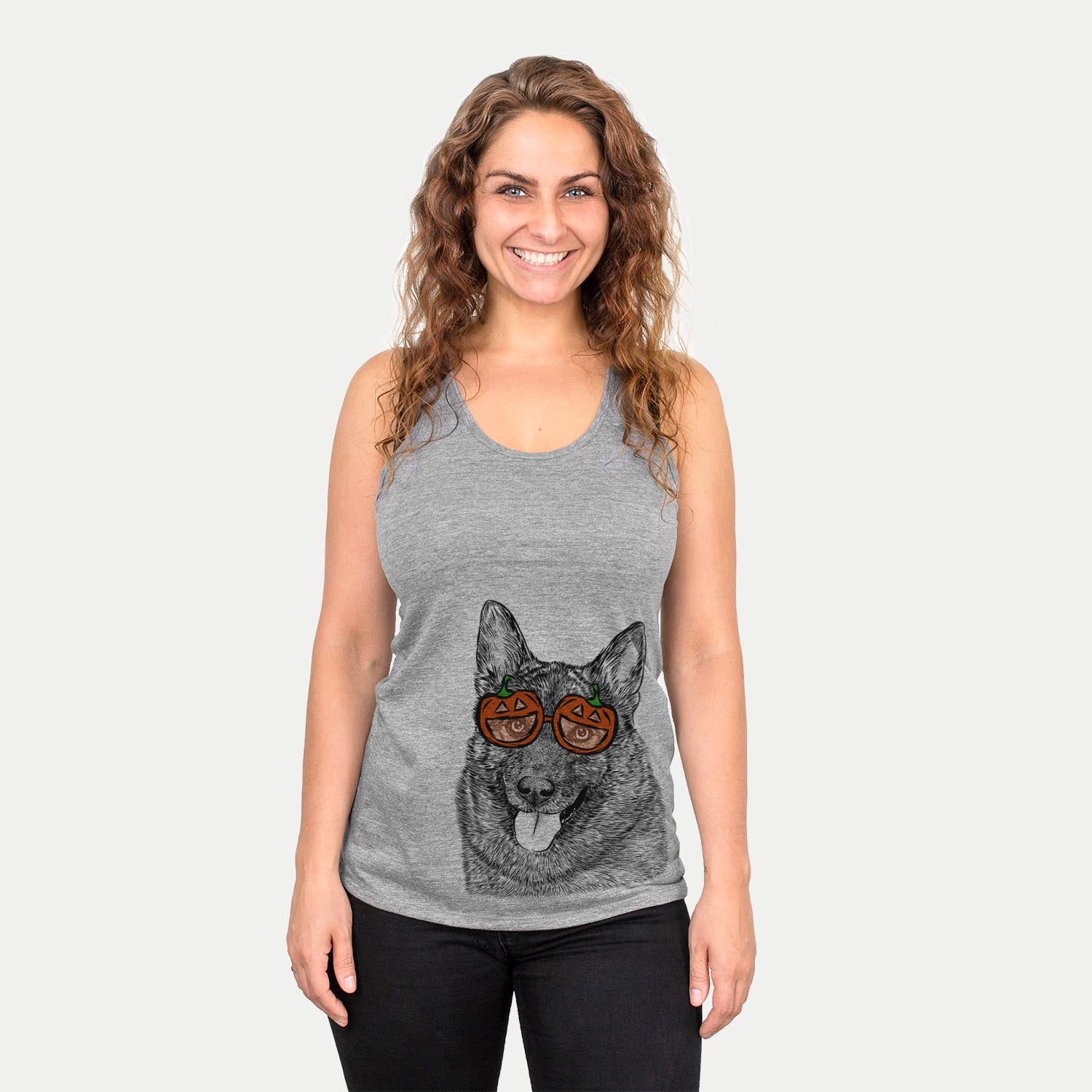 Hand-drawn sketch of Kasia the Norwegian Elkhound wearing pumpkin glasses on a Grey pumpkin collection