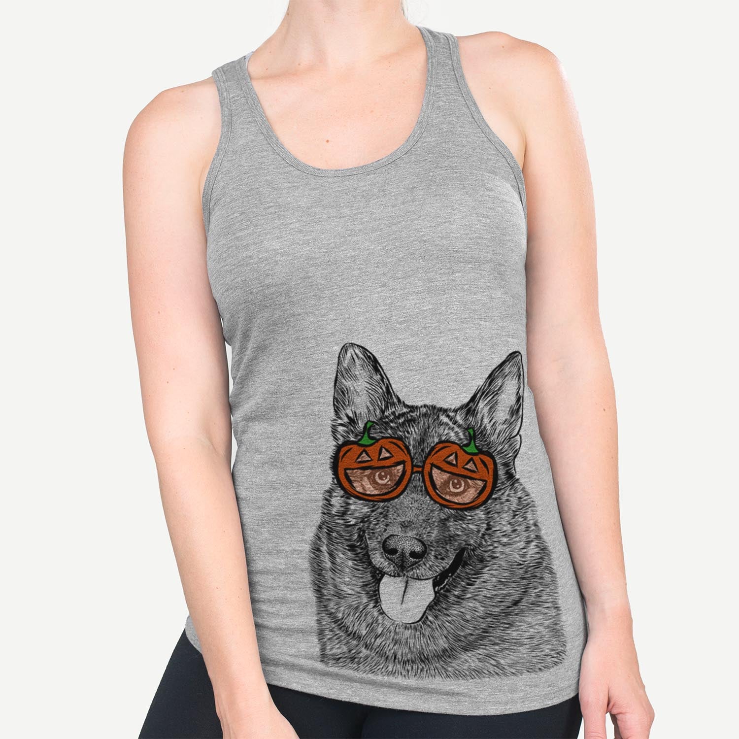 Hand-drawn sketch of Kasia the Norwegian Elkhound wearing pumpkin glasses on a Grey pumpkin collection