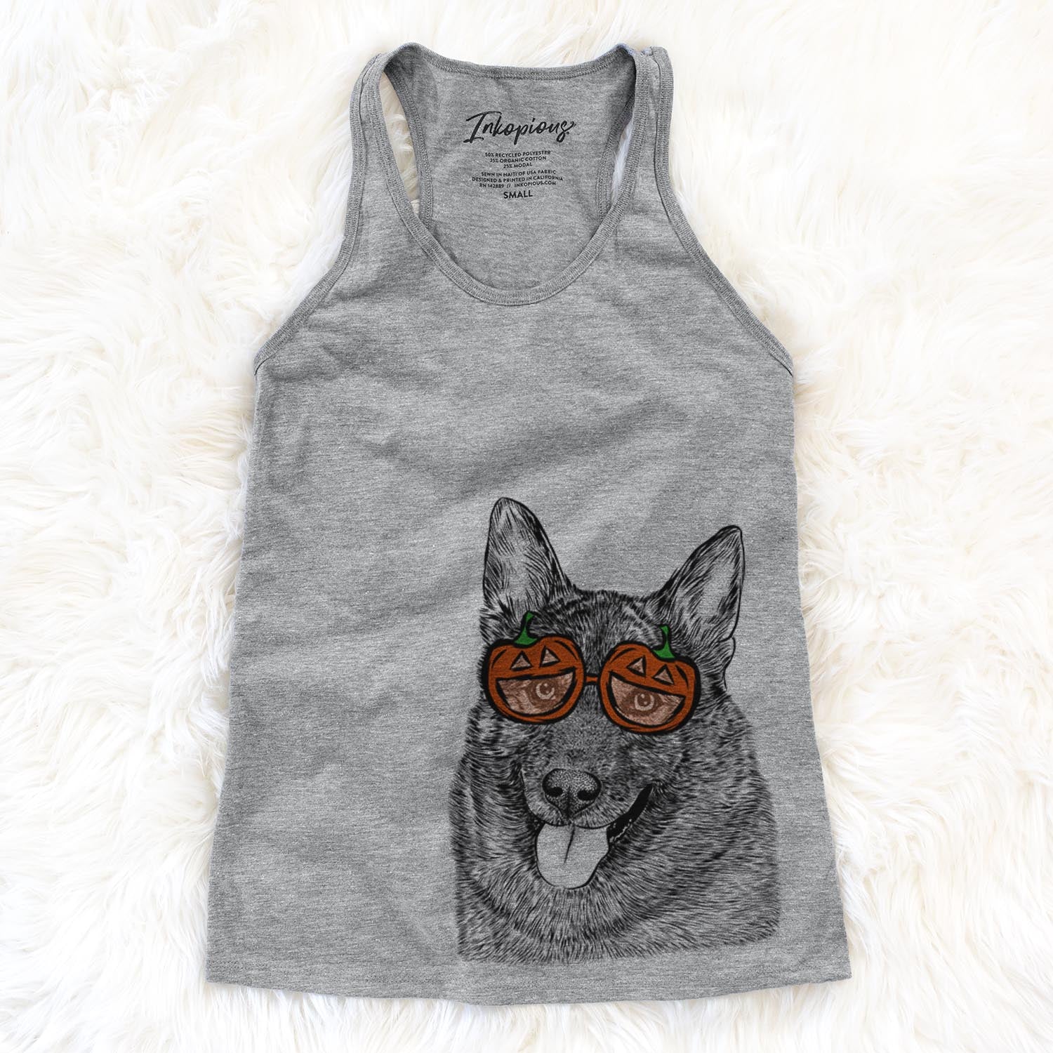 Hand-drawn sketch of Kasia the Norwegian Elkhound wearing pumpkin glasses on a Grey pumpkin collection
