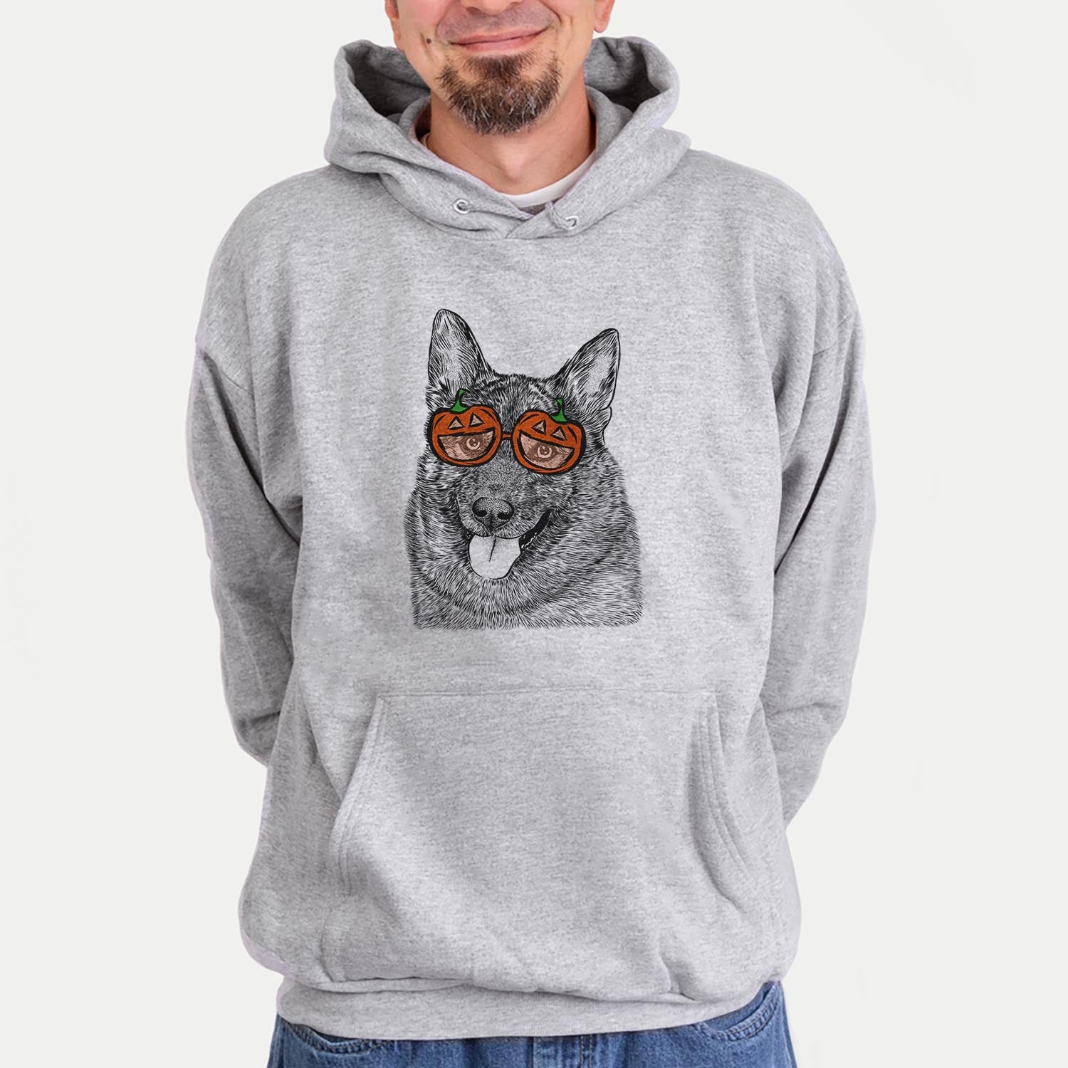 Hand-drawn sketch of Kasia the Norwegian Elkhound wearing pumpkin glasses on a Grey pumpkin collection, hanging on a wall