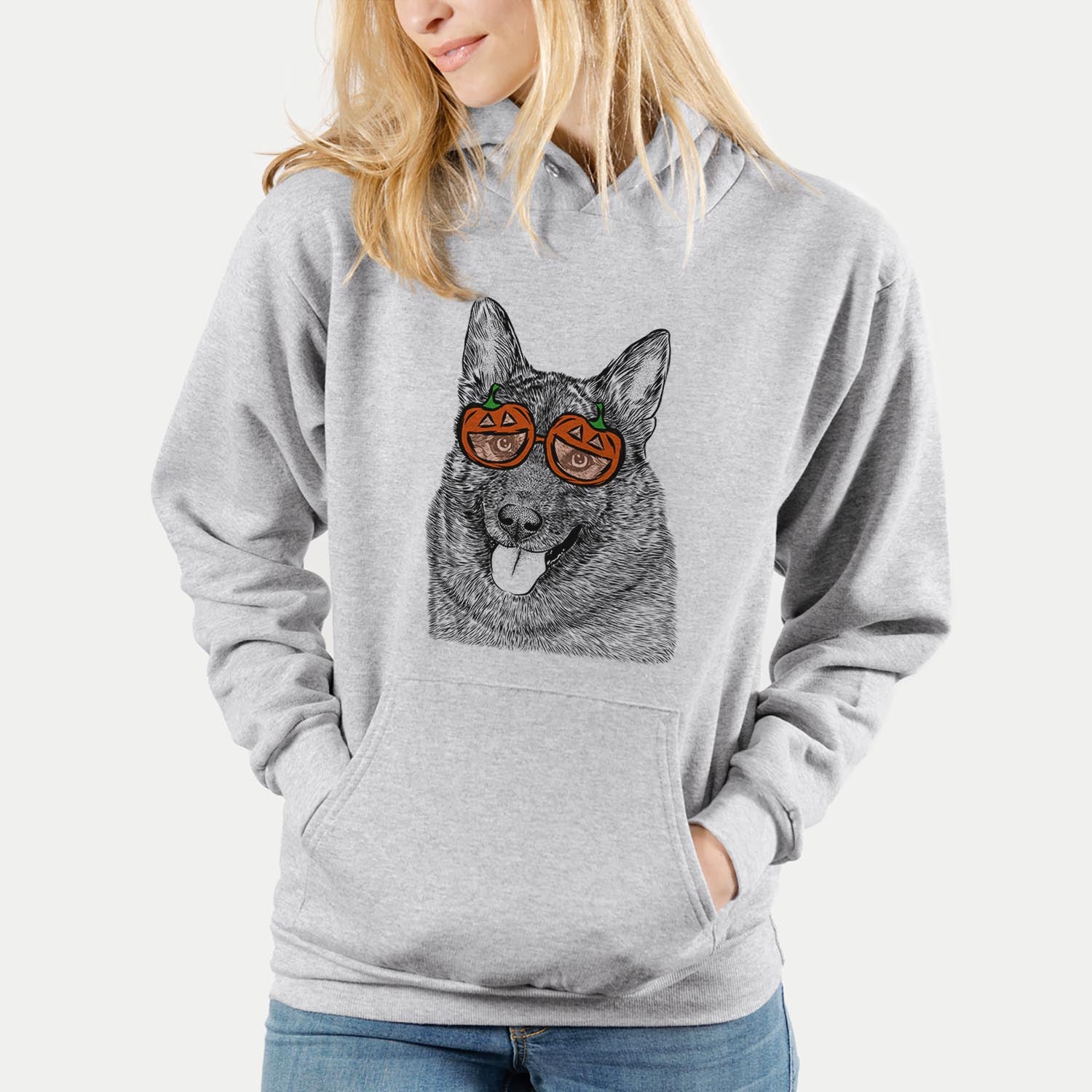 Hand-drawn sketch of Kasia the Norwegian Elkhound wearing pumpkin glasses on a Grey pumpkin collection