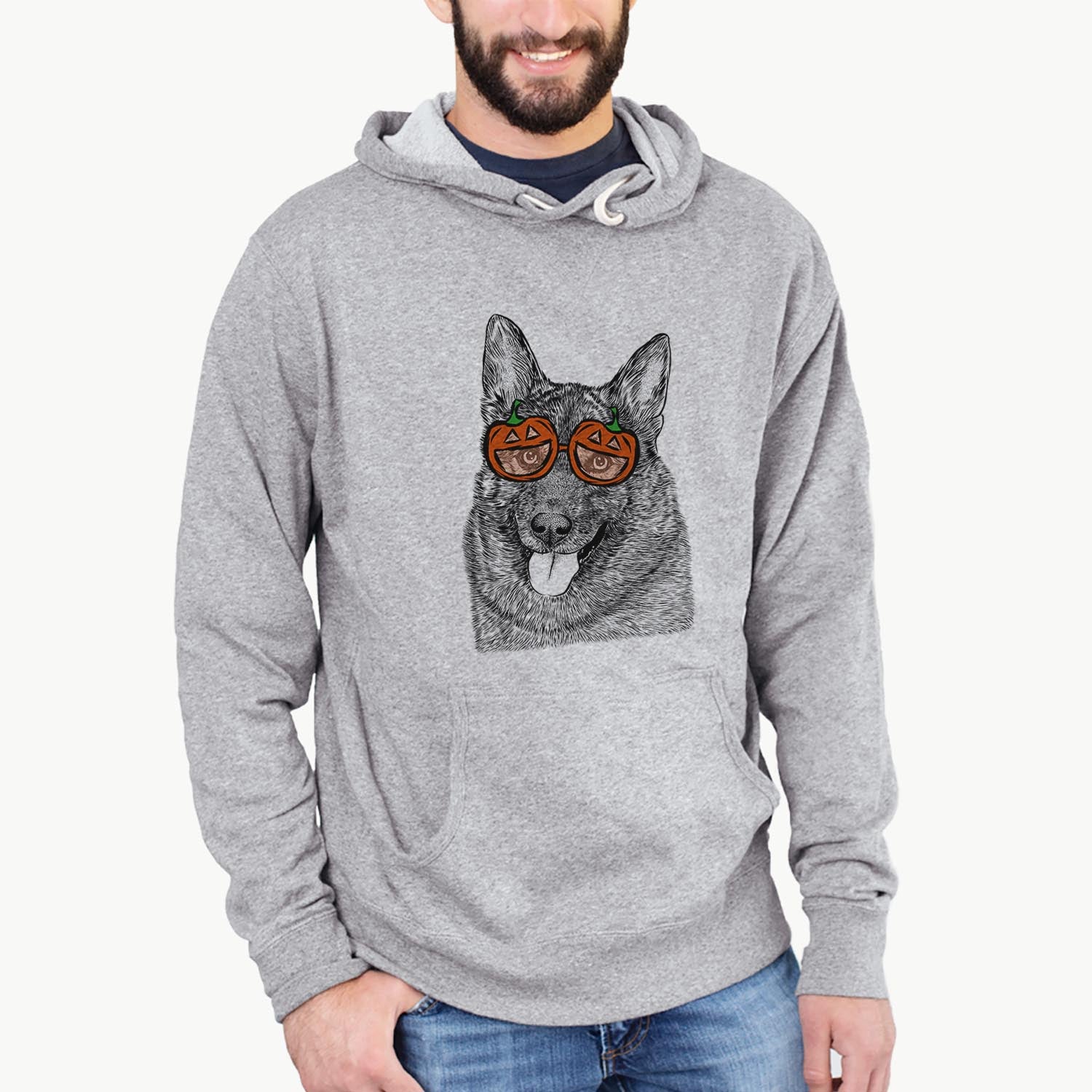 Hand-drawn sketch of Kasia the Norwegian Elkhound wearing pumpkin glasses on a Grey pumpkin collection