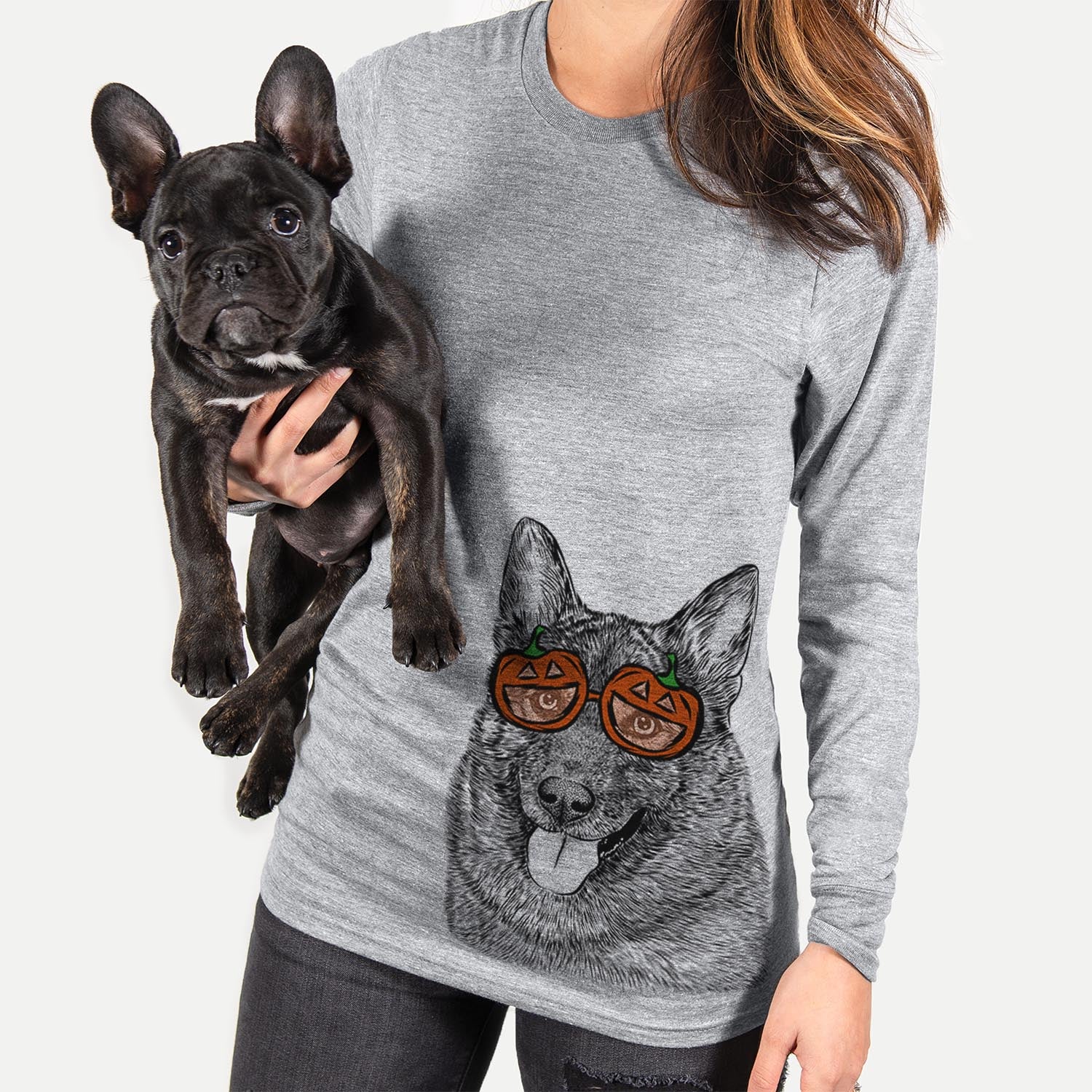 Hand-drawn sketch of Kasia the Norwegian Elkhound wearing pumpkin glasses on a Grey pumpkin collection