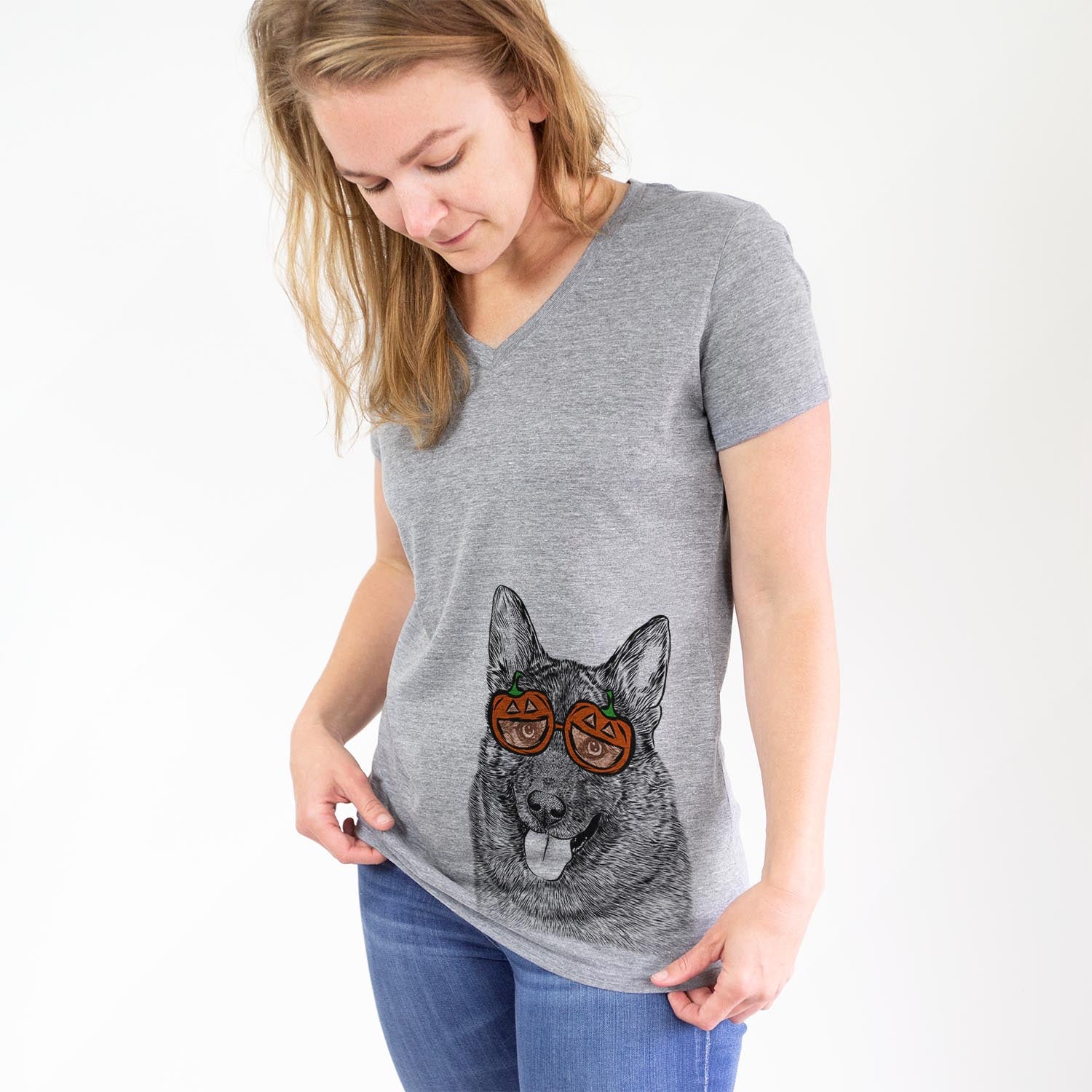 Hand-drawn sketch of Kasia the Norwegian Elkhound wearing pumpkin glasses on a Grey pumpkin collection