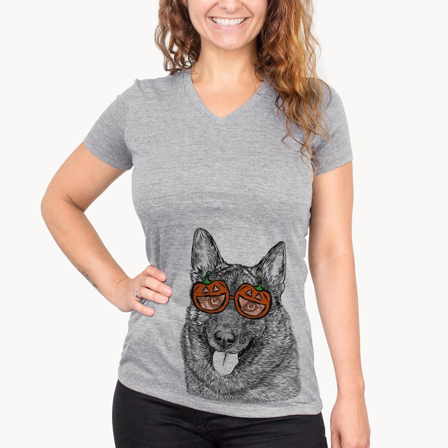 Hand-drawn sketch of Kasia the Norwegian Elkhound wearing pumpkin glasses on a Grey pumpkin collection