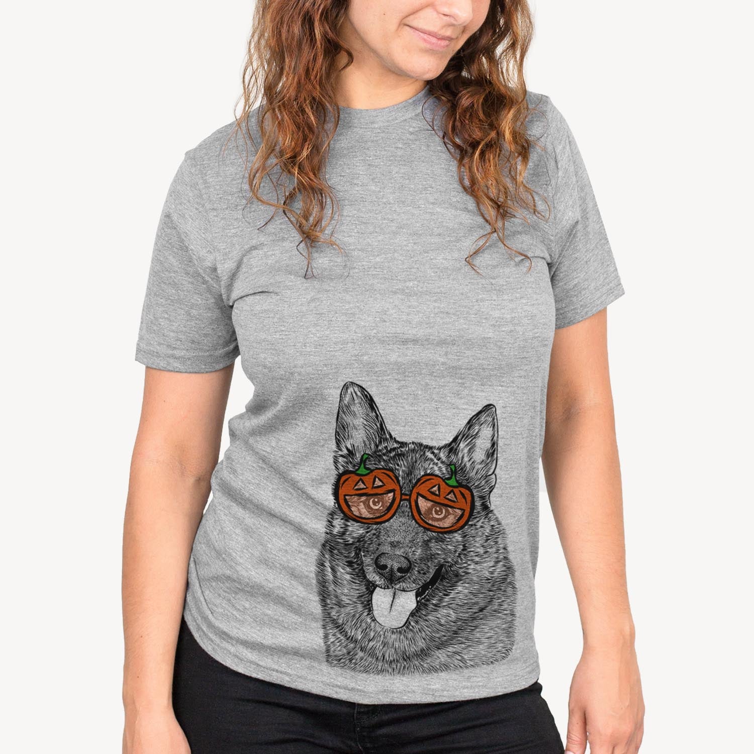 Hand-drawn sketch of Kasia the Norwegian Elkhound wearing pumpkin glasses on a Grey pumpkin collection, on a hanger
