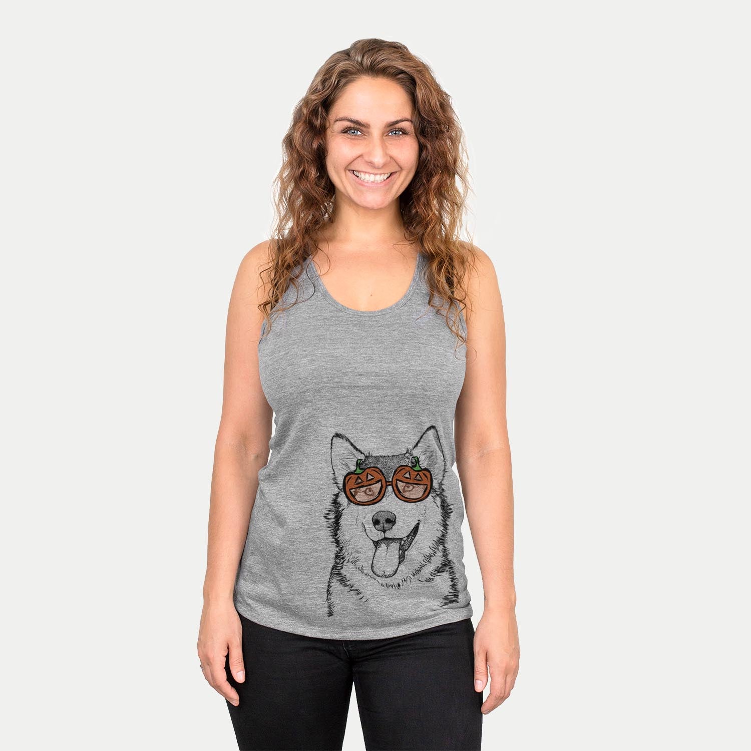 Hand-drawn sketch of Kaskae the Malamute wearing pumpkin glasses on a Grey pumpkin collection