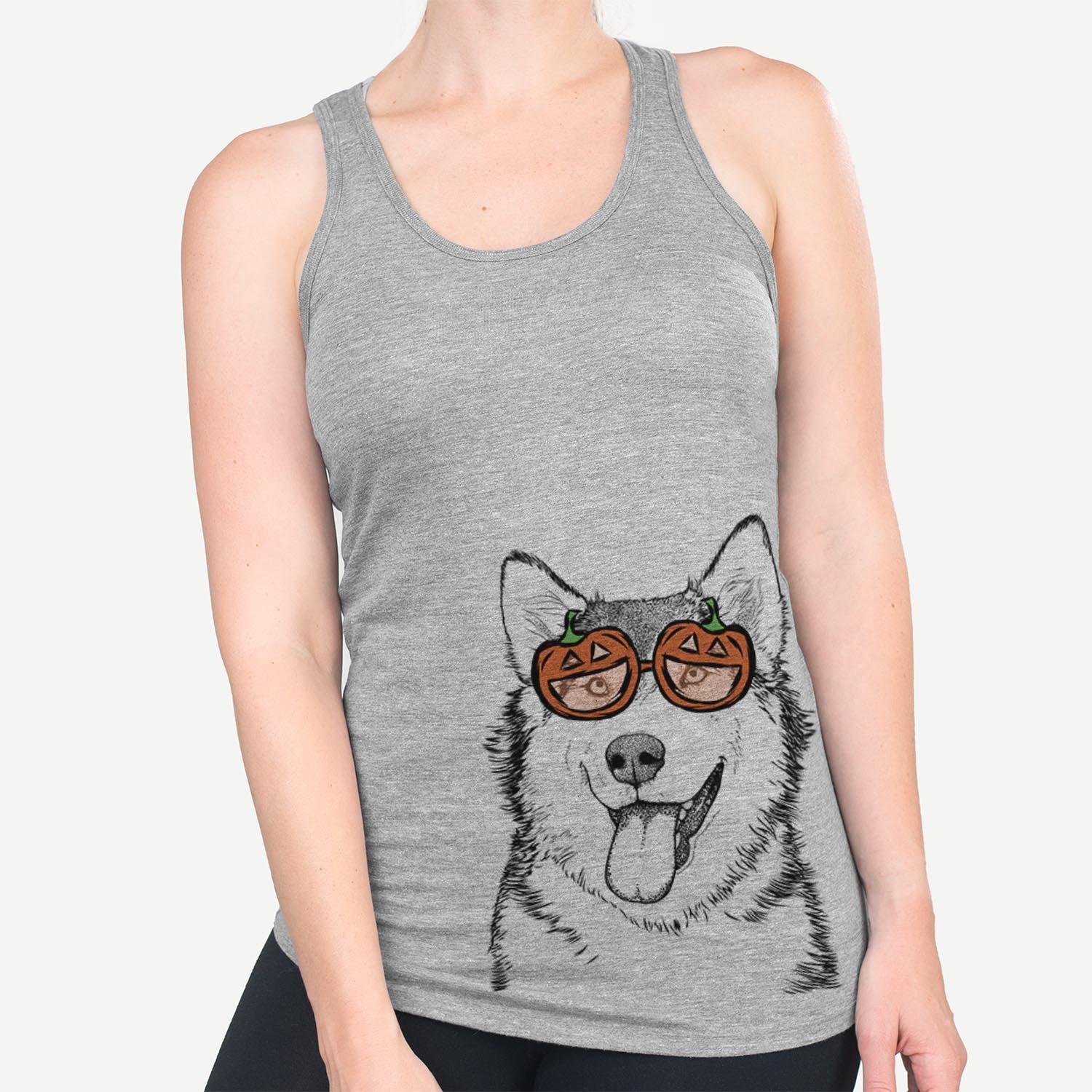 Hand-drawn sketch of Kaskae the Malamute wearing pumpkin glasses on a Grey pumpkin collection