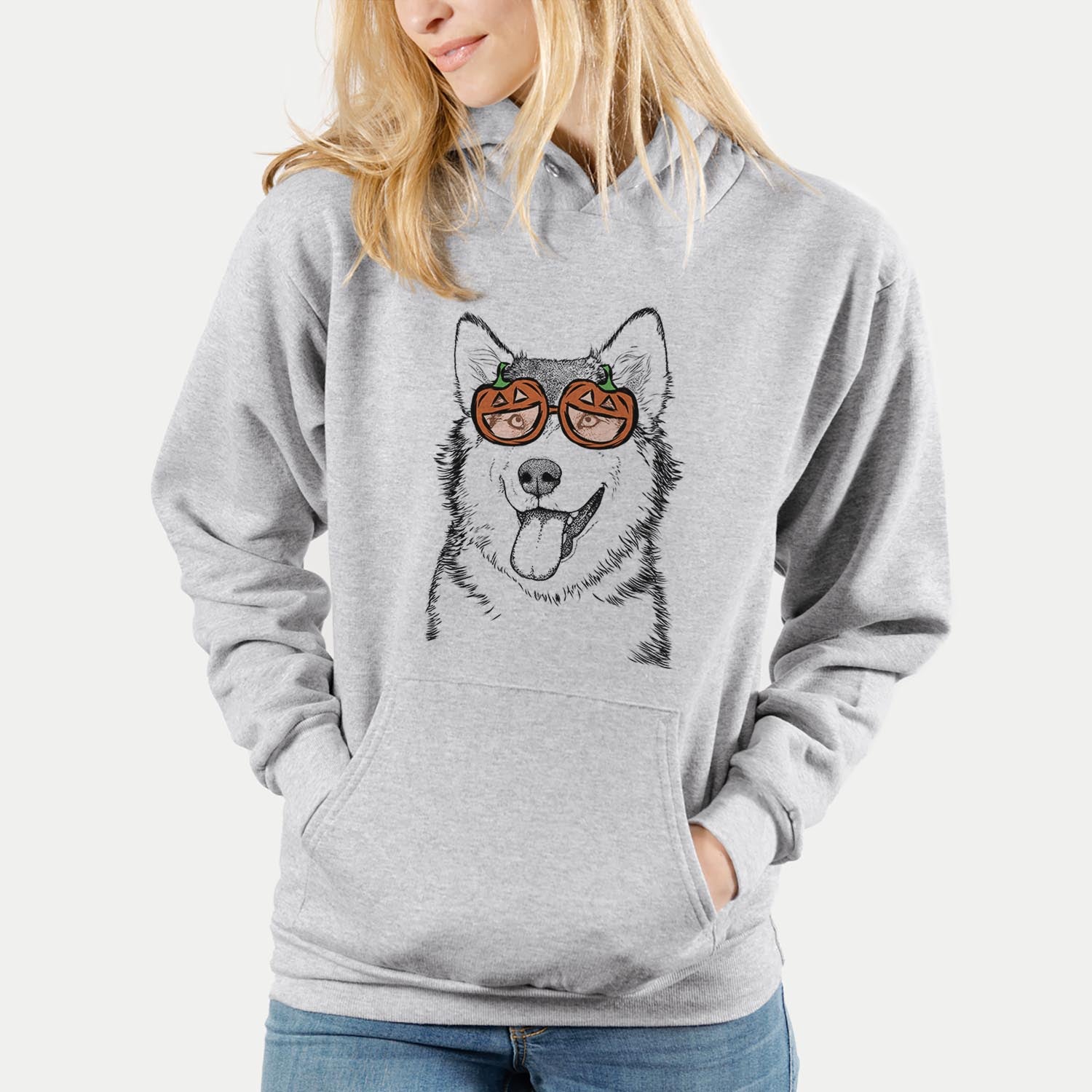 Hand-drawn sketch of Kaskae the Malamute wearing pumpkin glasses on a Grey pumpkin collection