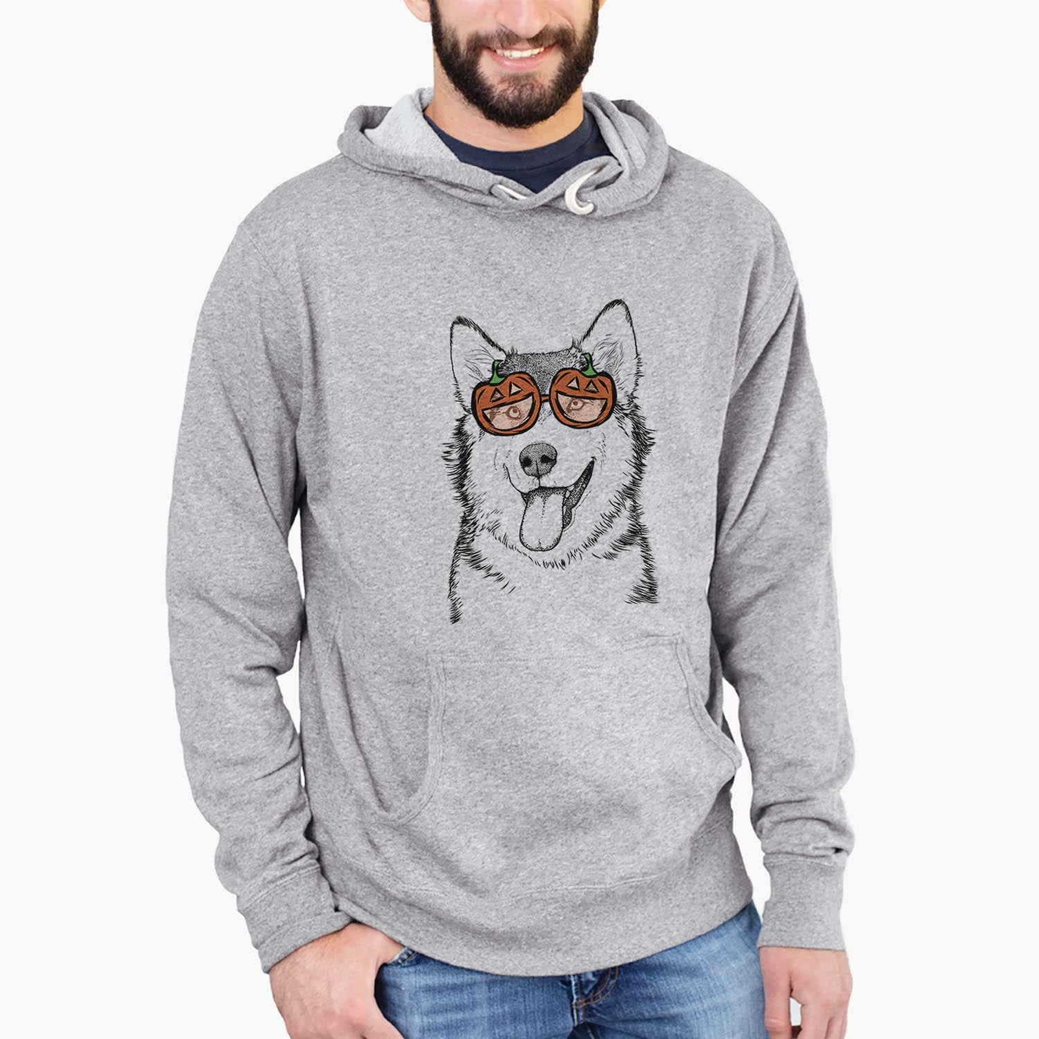 Hand-drawn sketch of Kaskae the Malamute wearing pumpkin glasses on a Grey pumpkin collection