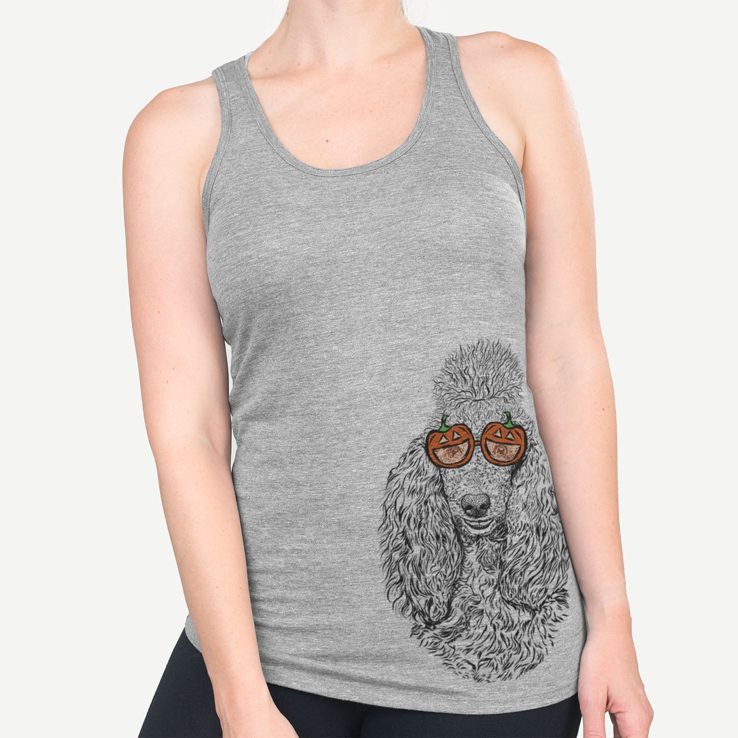 Hand-drawn sketch of Kenna the Poodle wearing pumpkin glasses on a Grey pumpkin collection