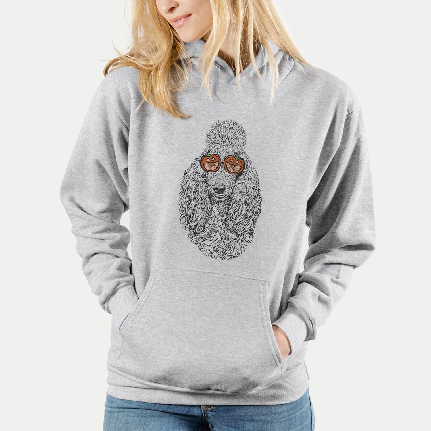 Hand-drawn sketch of Kenna the Poodle wearing pumpkin glasses on a Grey pumpkin collection
