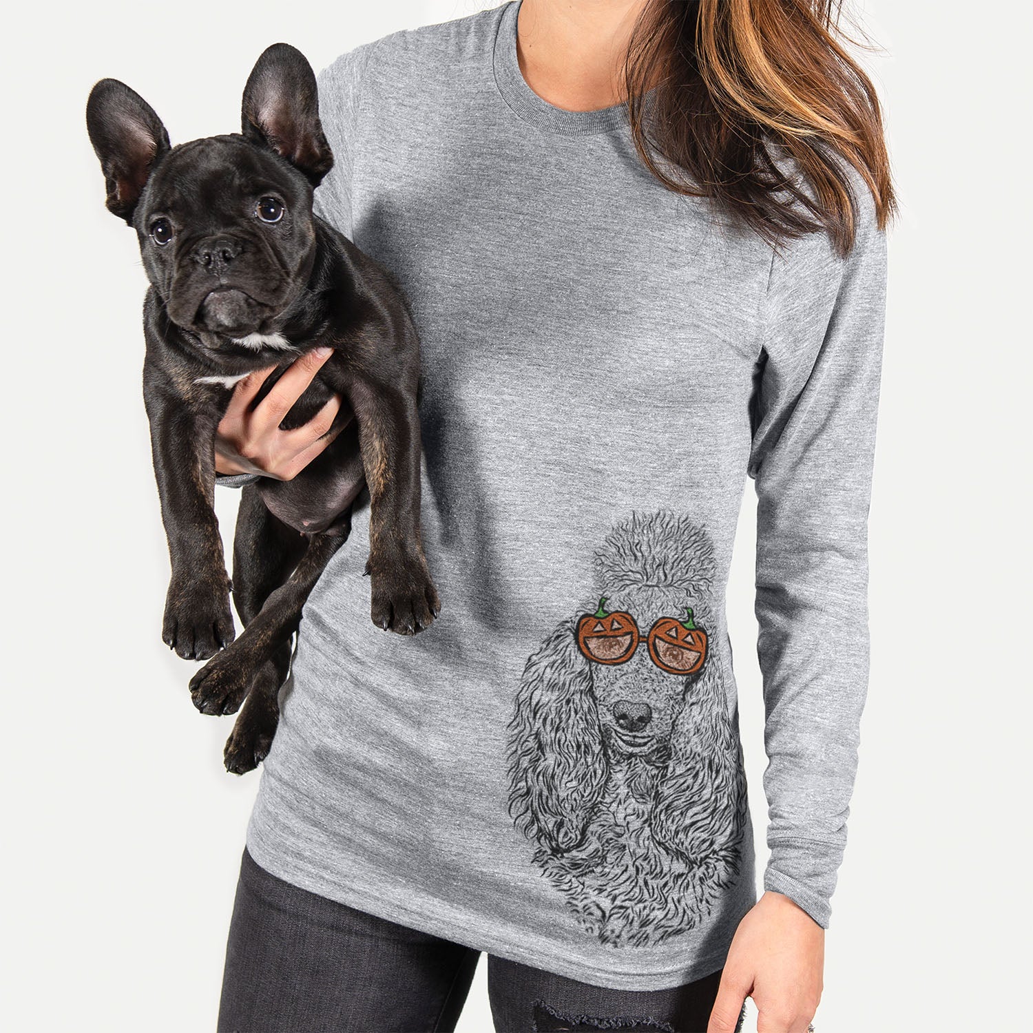 Hand-drawn sketch of Kenna the Poodle wearing pumpkin glasses on a Grey pumpkin collection