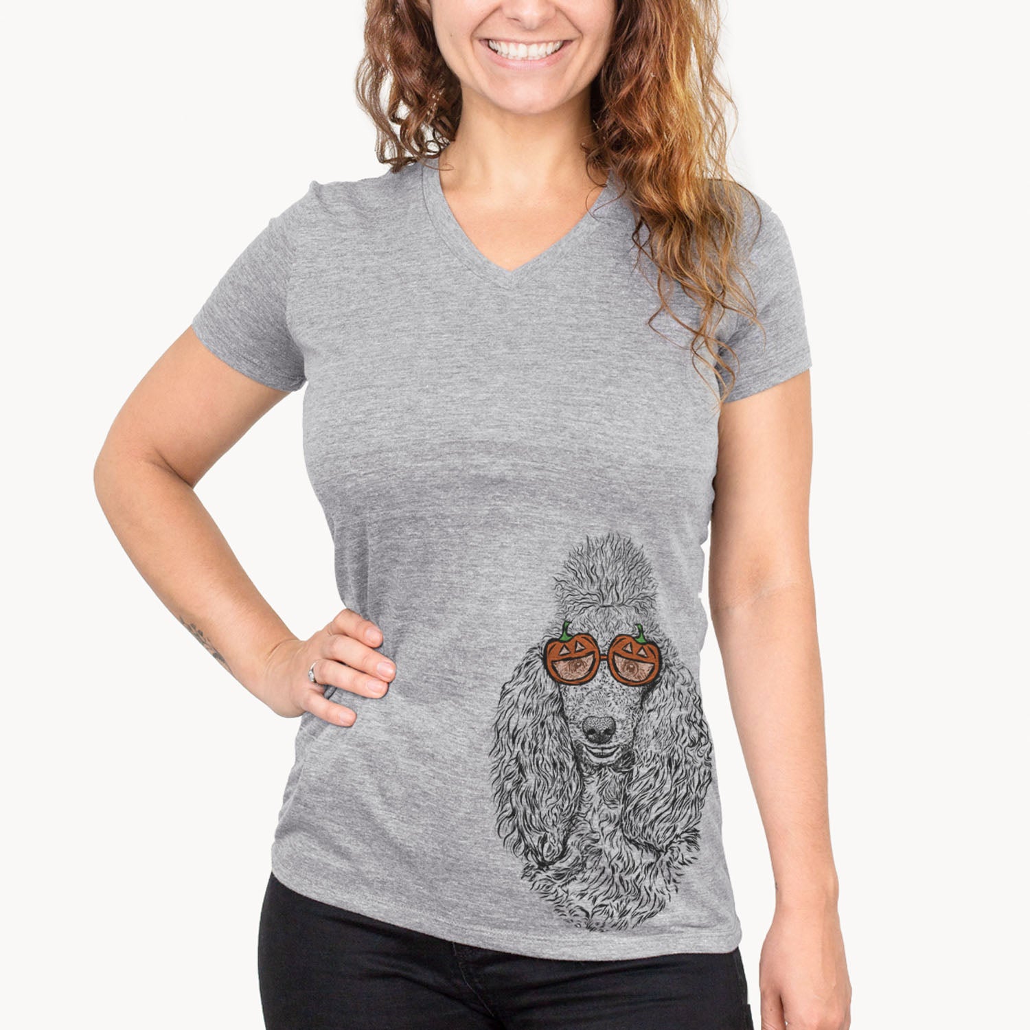 Hand-drawn sketch of Kenna the Poodle wearing pumpkin glasses on a Grey pumpkin collection