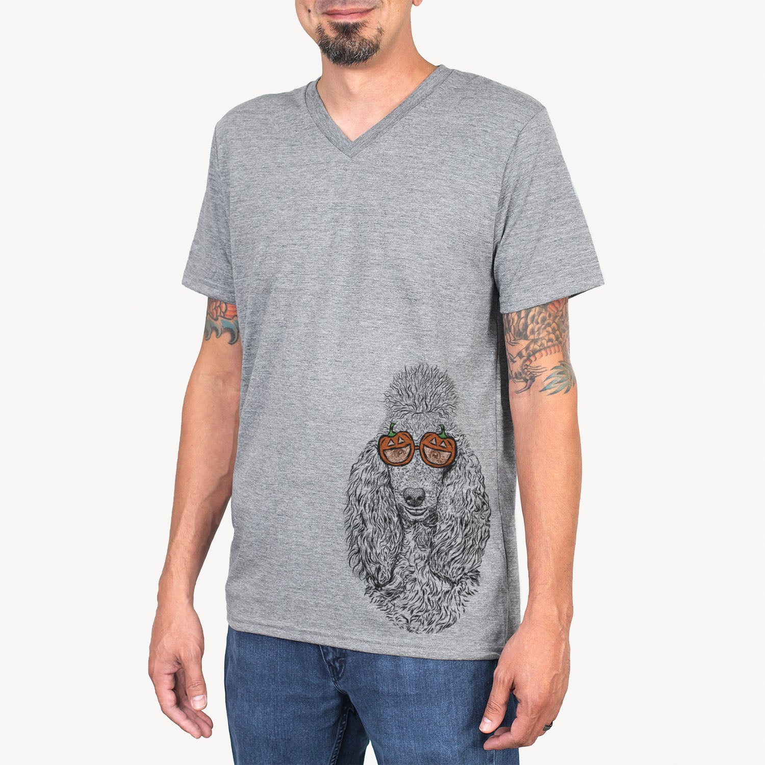 Hand-drawn sketch of Kenna the Poodle wearing pumpkin glasses on a Grey pumpkin collection