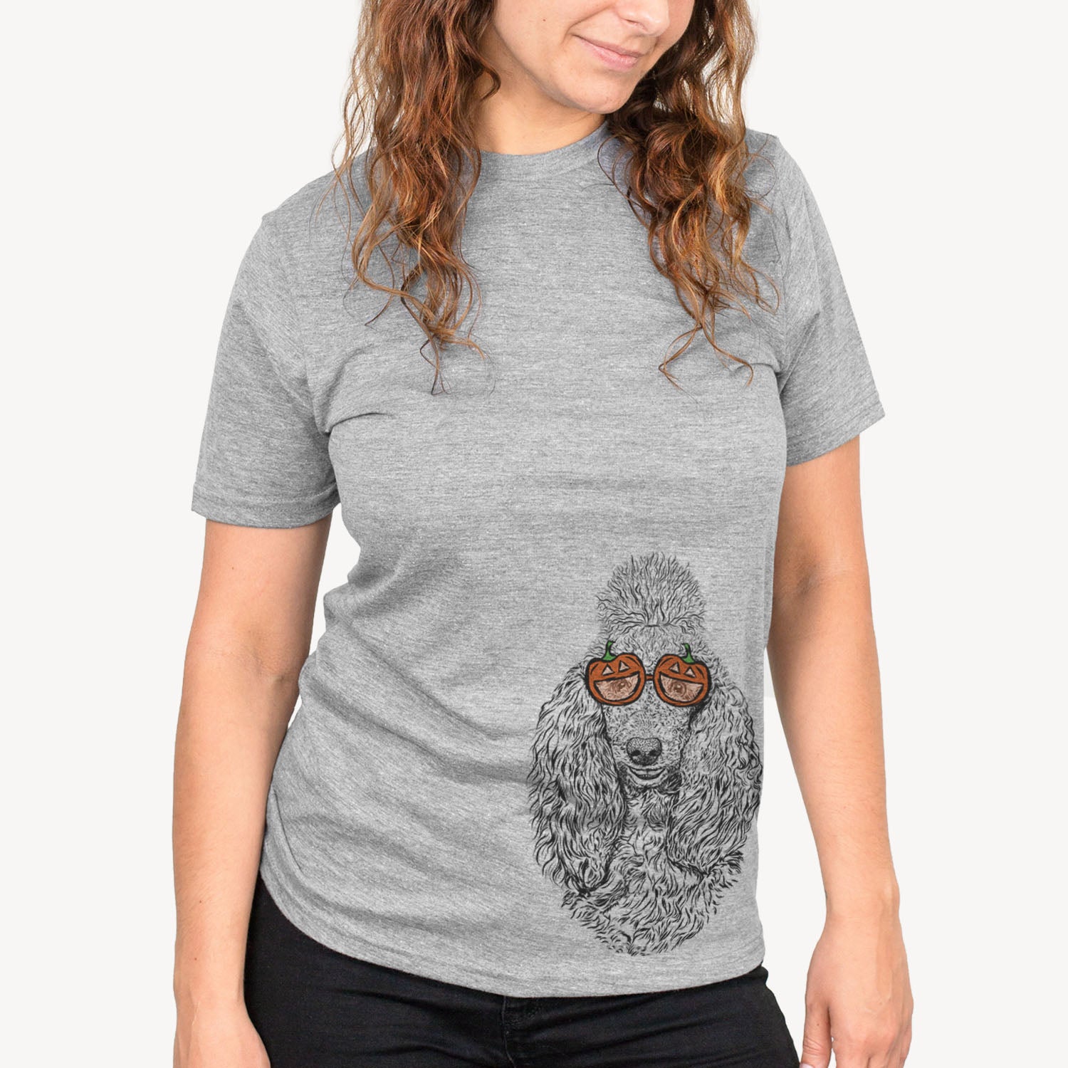 Hand-drawn sketch of Kenna the Poodle wearing pumpkin glasses on a Grey pumpkin collection, on a hanger