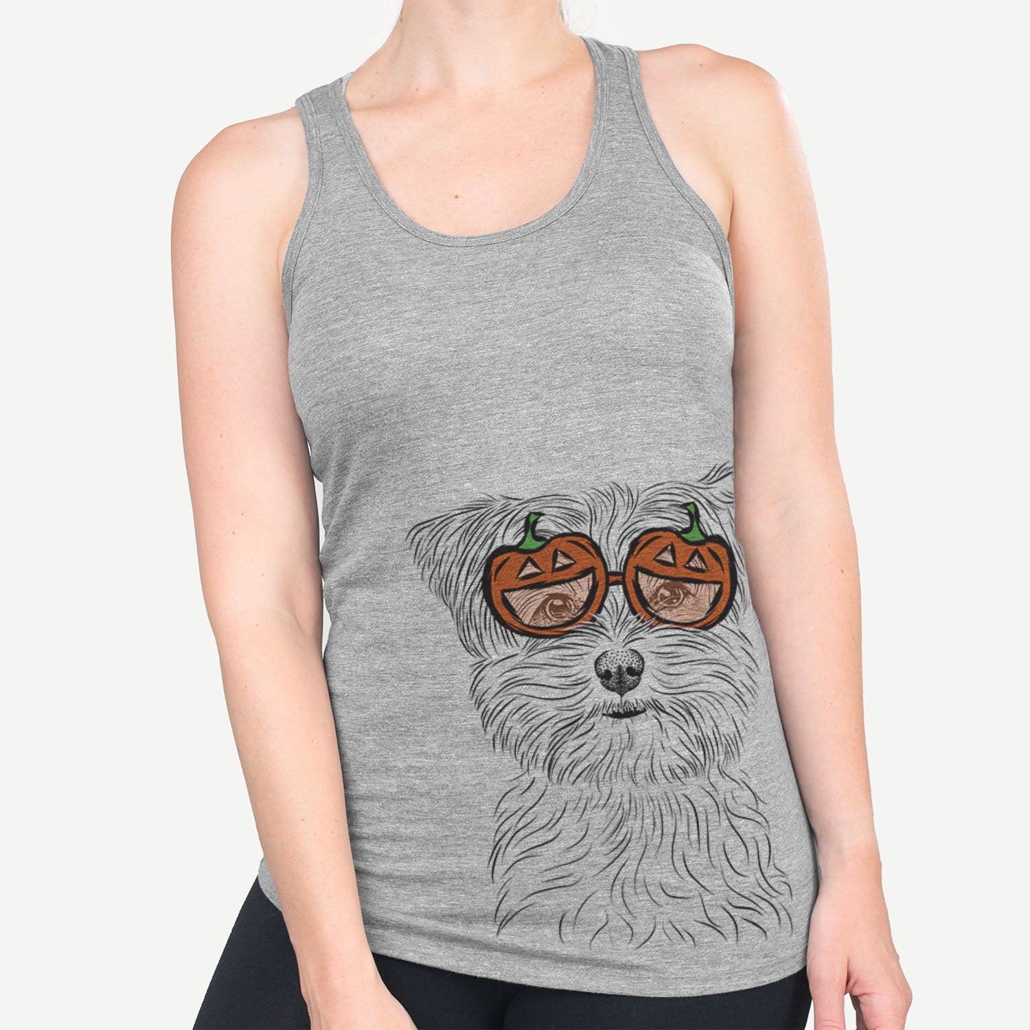 Hand-drawn sketch of Kiwi the Morkie wearing pumpkin glasses on a Grey pumpkin collection