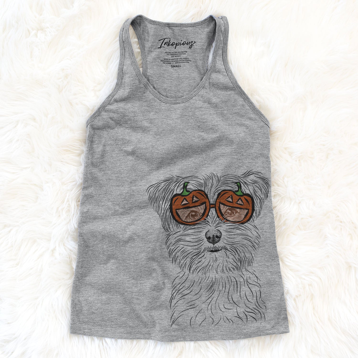 Hand-drawn sketch of Kiwi the Morkie wearing pumpkin glasses on a Grey pumpkin collection
