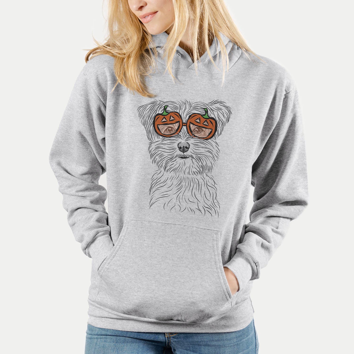 Hand-drawn sketch of Kiwi the Morkie wearing pumpkin glasses on a Grey pumpkin collection