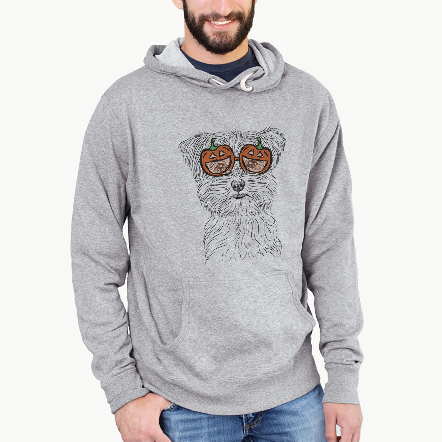Hand-drawn sketch of Kiwi the Morkie wearing pumpkin glasses on a Grey pumpkin collection