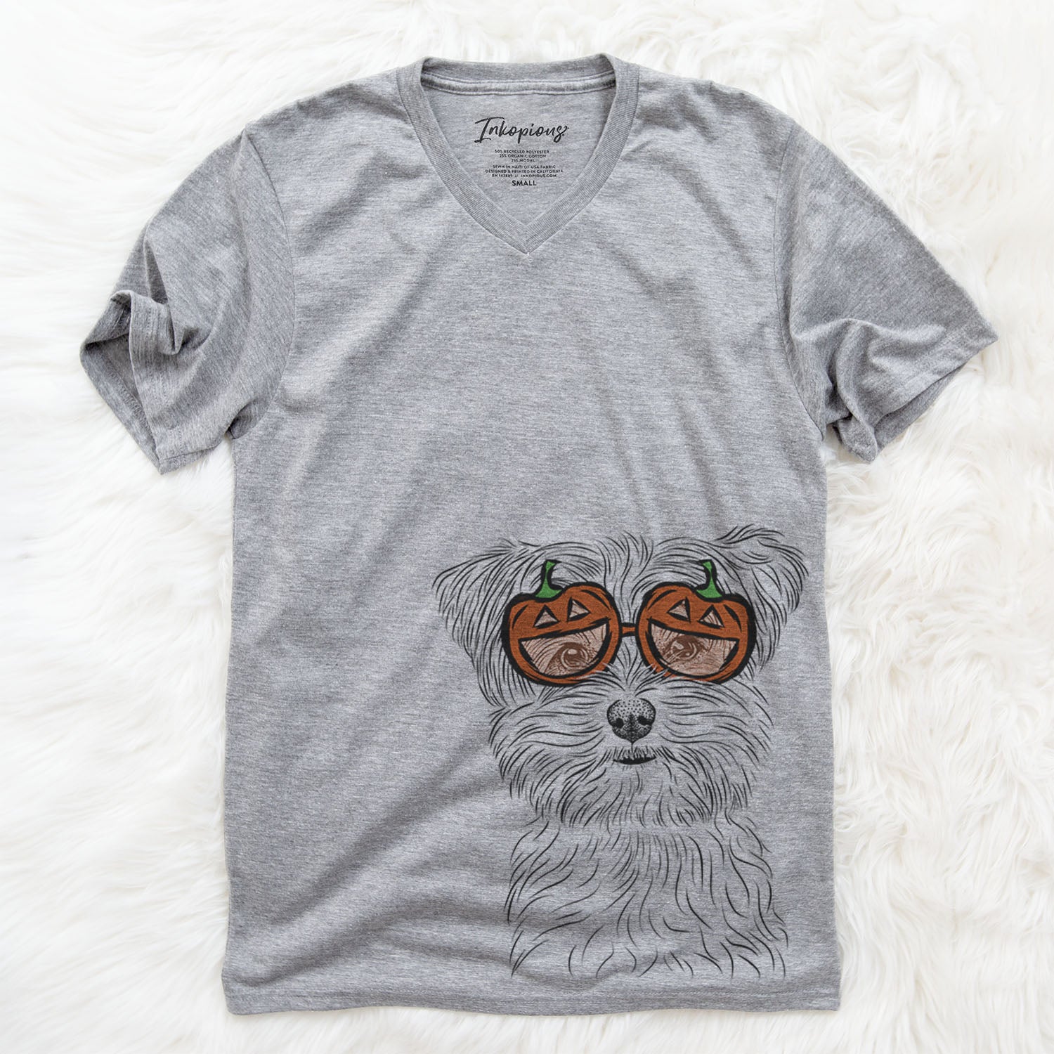 Hand-drawn sketch of Kiwi the Morkie wearing pumpkin glasses on a Grey pumpkin collection