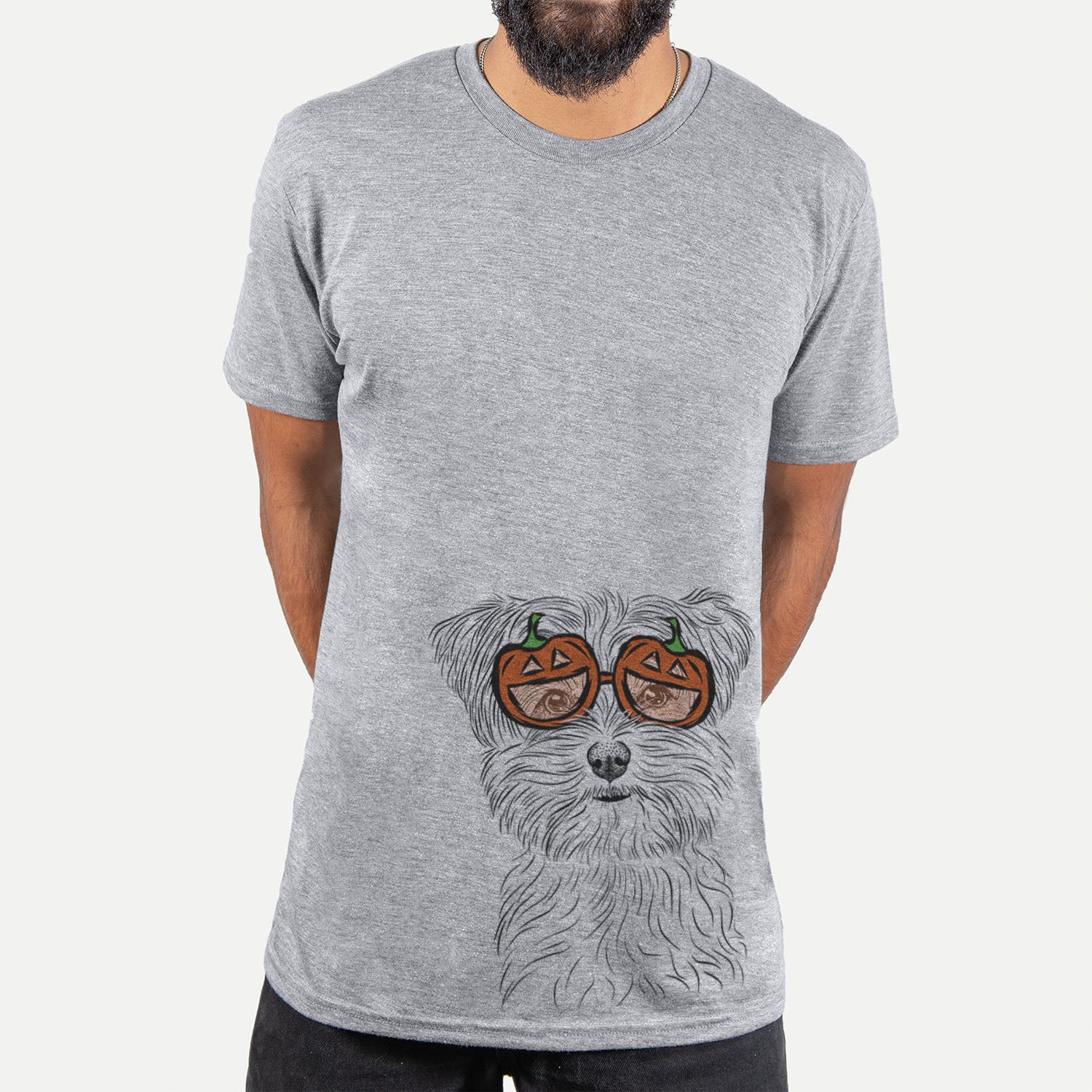 Hand-drawn sketch of Kiwi the Morkie wearing pumpkin glasses on a Grey pumpkin collection, hanging on a wall