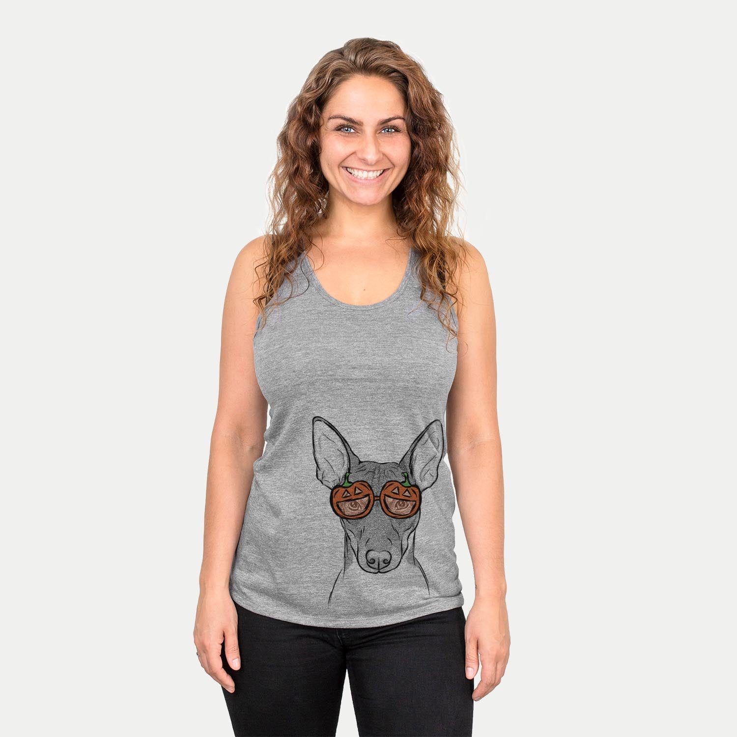 Hand-drawn sketch of Knox the Rat Terrier wearing pumpkin glasses on a Grey pumpkin collection
