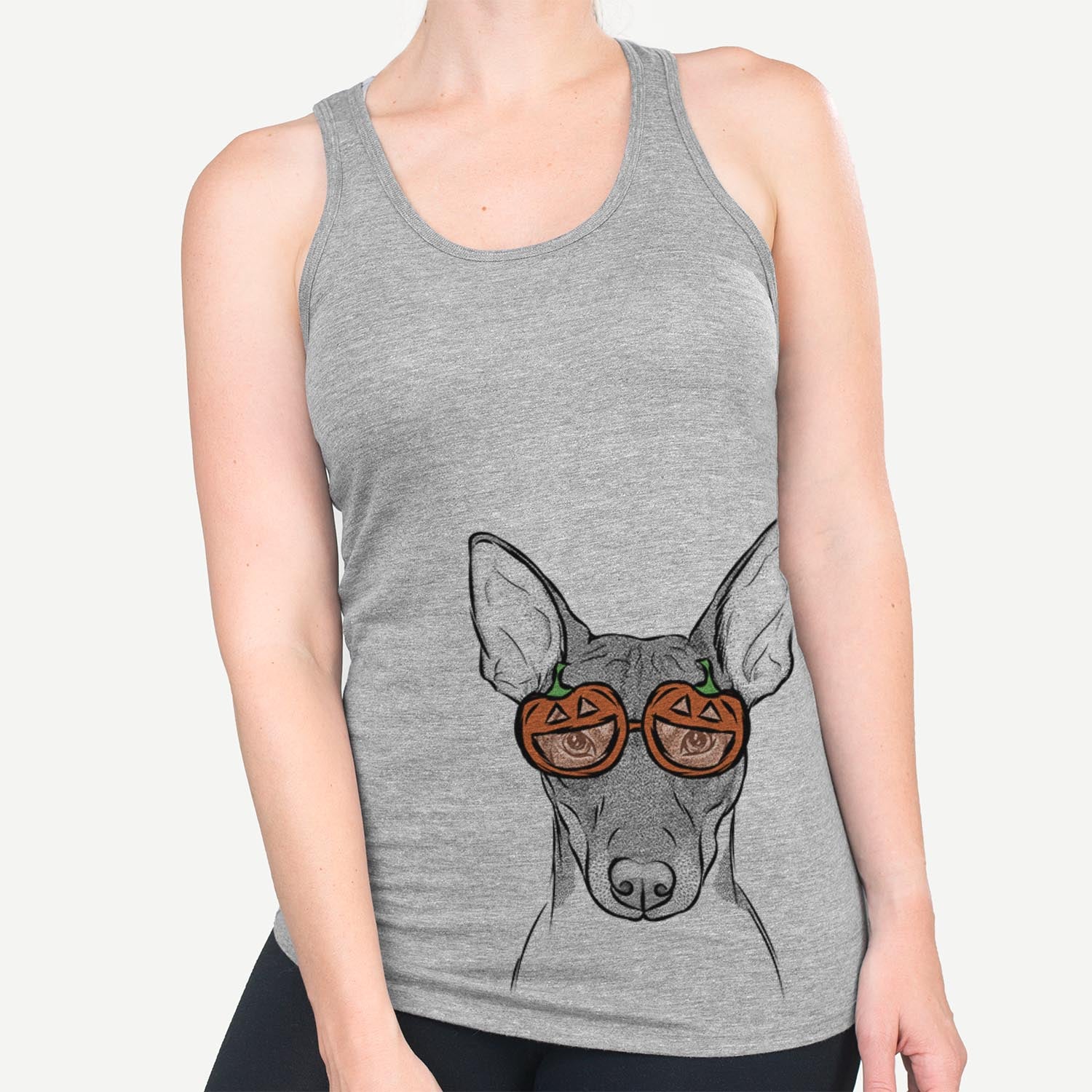 Hand-drawn sketch of Knox the Rat Terrier wearing pumpkin glasses on a Grey pumpkin collection