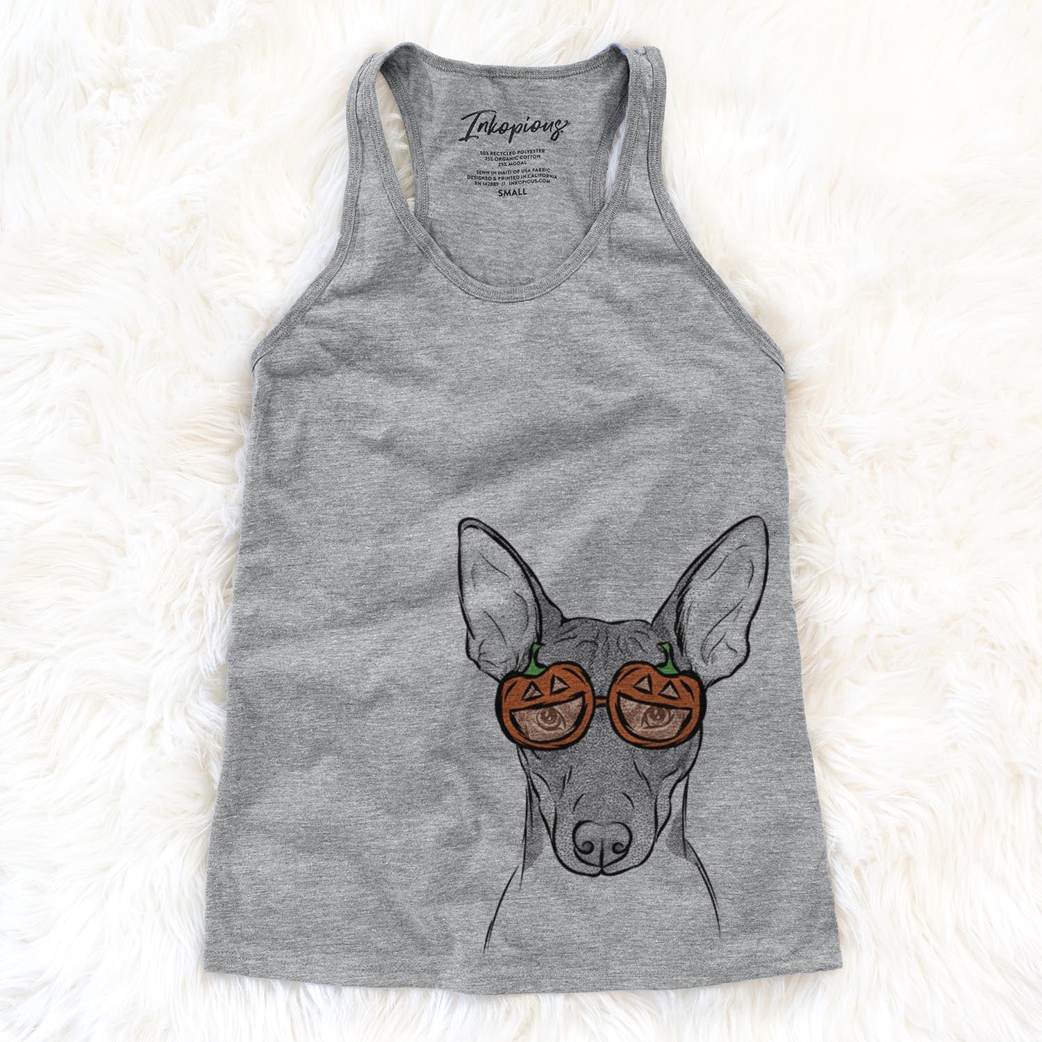 Hand-drawn sketch of Knox the Rat Terrier wearing pumpkin glasses on a Grey pumpkin collection