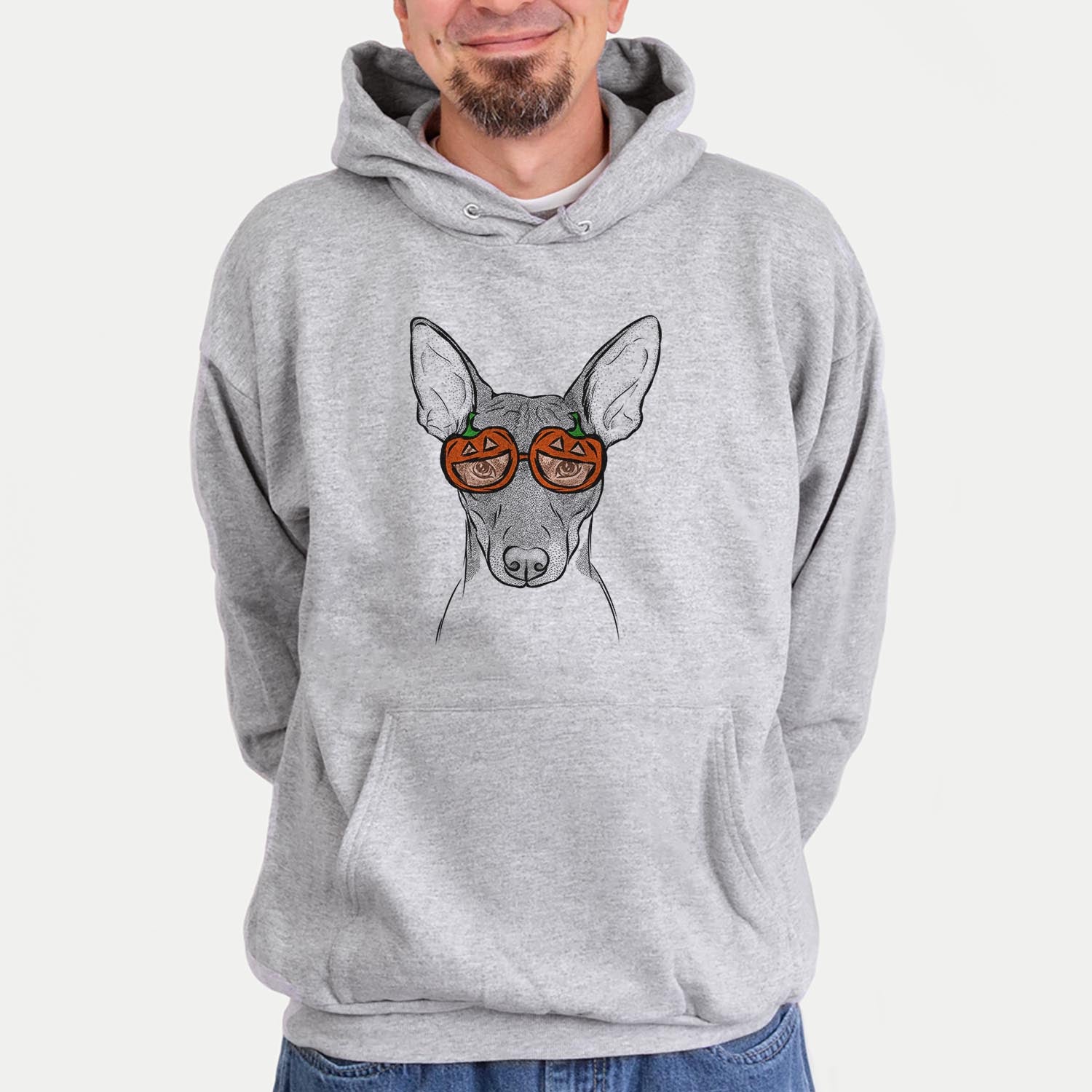 Hand-drawn sketch of Knox the Rat Terrier wearing pumpkin glasses on a Grey pumpkin collection, hanging on a wall