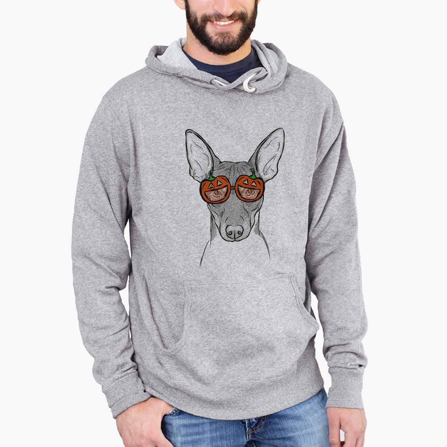 Hand-drawn sketch of Knox the Rat Terrier wearing pumpkin glasses on a Grey pumpkin collection