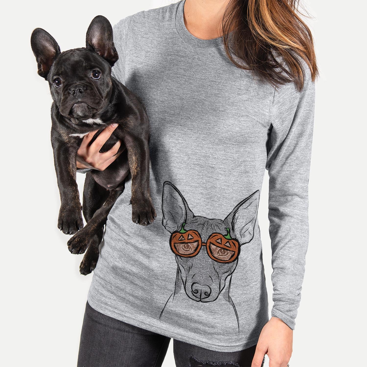 Hand-drawn sketch of Knox the Rat Terrier wearing pumpkin glasses on a Grey pumpkin collection
